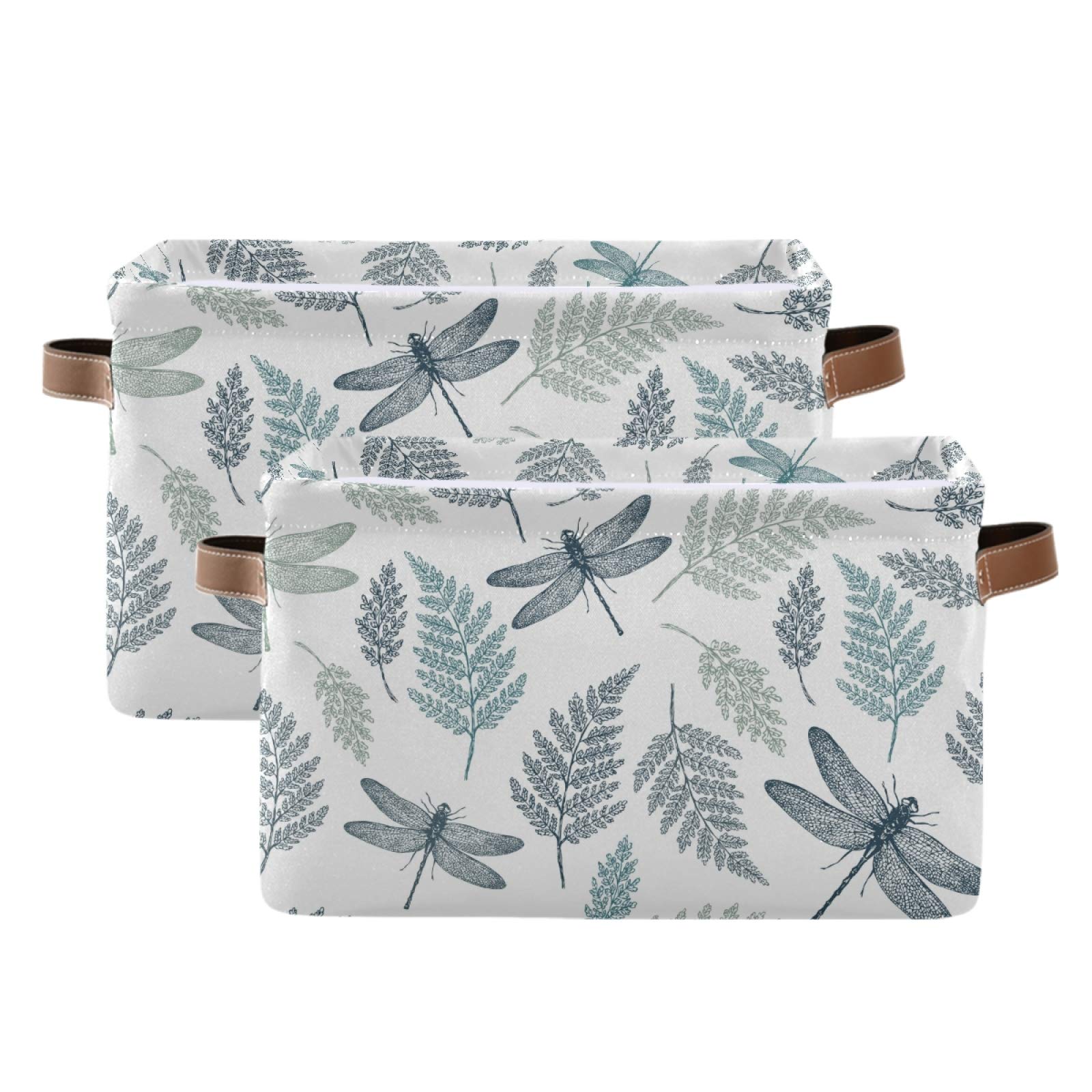 Susiyo Large Foldable Storage Bin - Fern Botanical Dragonfly Fabric Collapsible Basket with PU Handles for Home Organization | Perfect for Shelves, Closet, Bedroom & Living Room Storage (1-Pack)