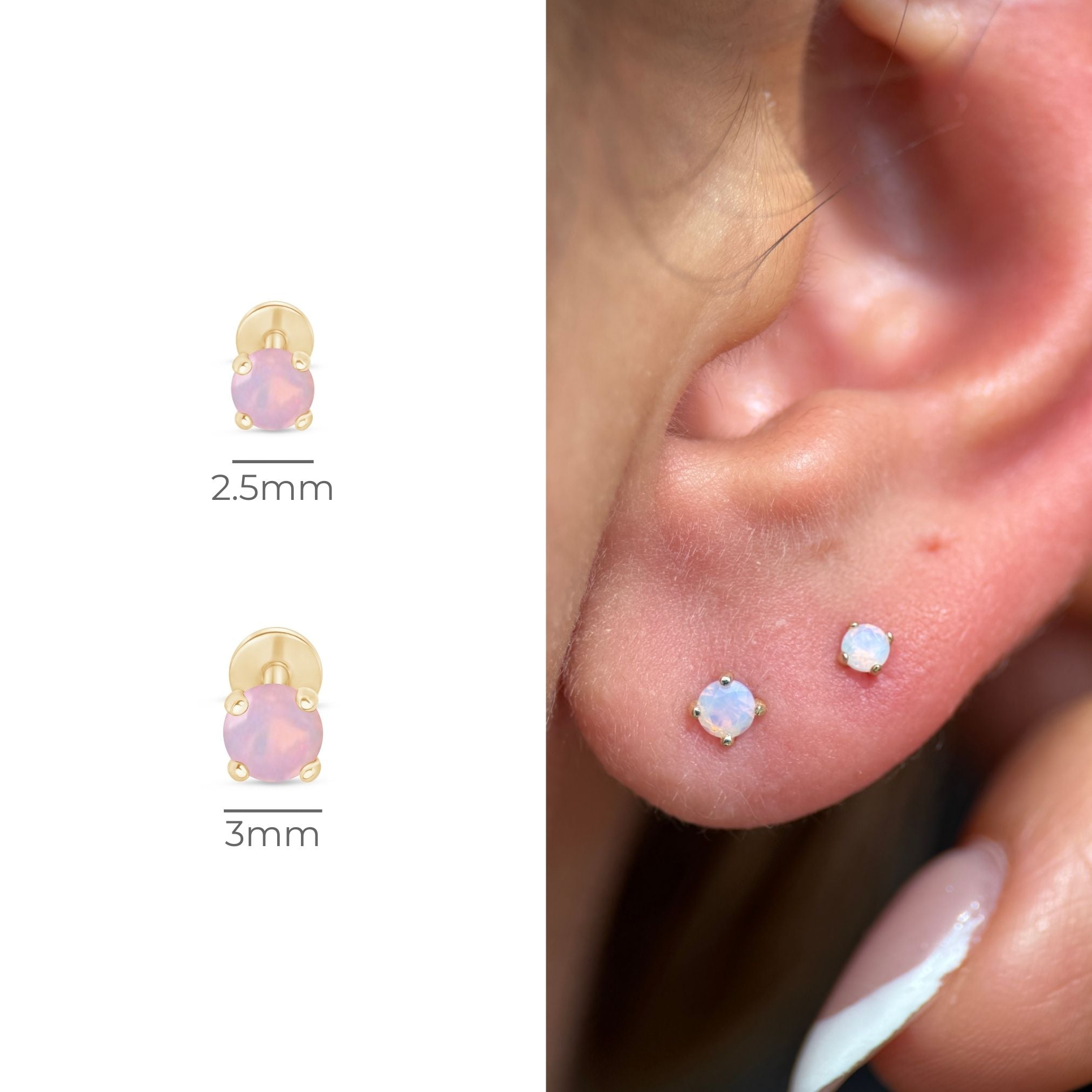 14k Yellow Gold Pink Opal Cartilage Flat Back Stud Earrings - Dainty & Hypoallergenic Jewelry for Women, Perfect for Everyday Wear & Special Occasions