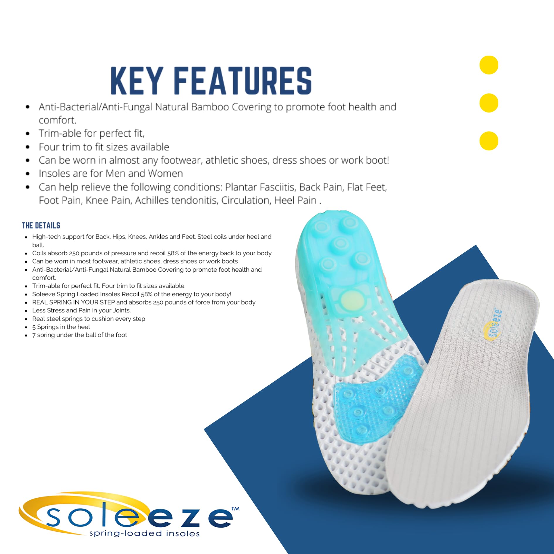 Spring Loaded Shoe Insoles for Men & Women - Shock Absorbing Orthotic Inserts - X-Large Size - Perfect for Running, Walking & Standing All Day (Soleeze)