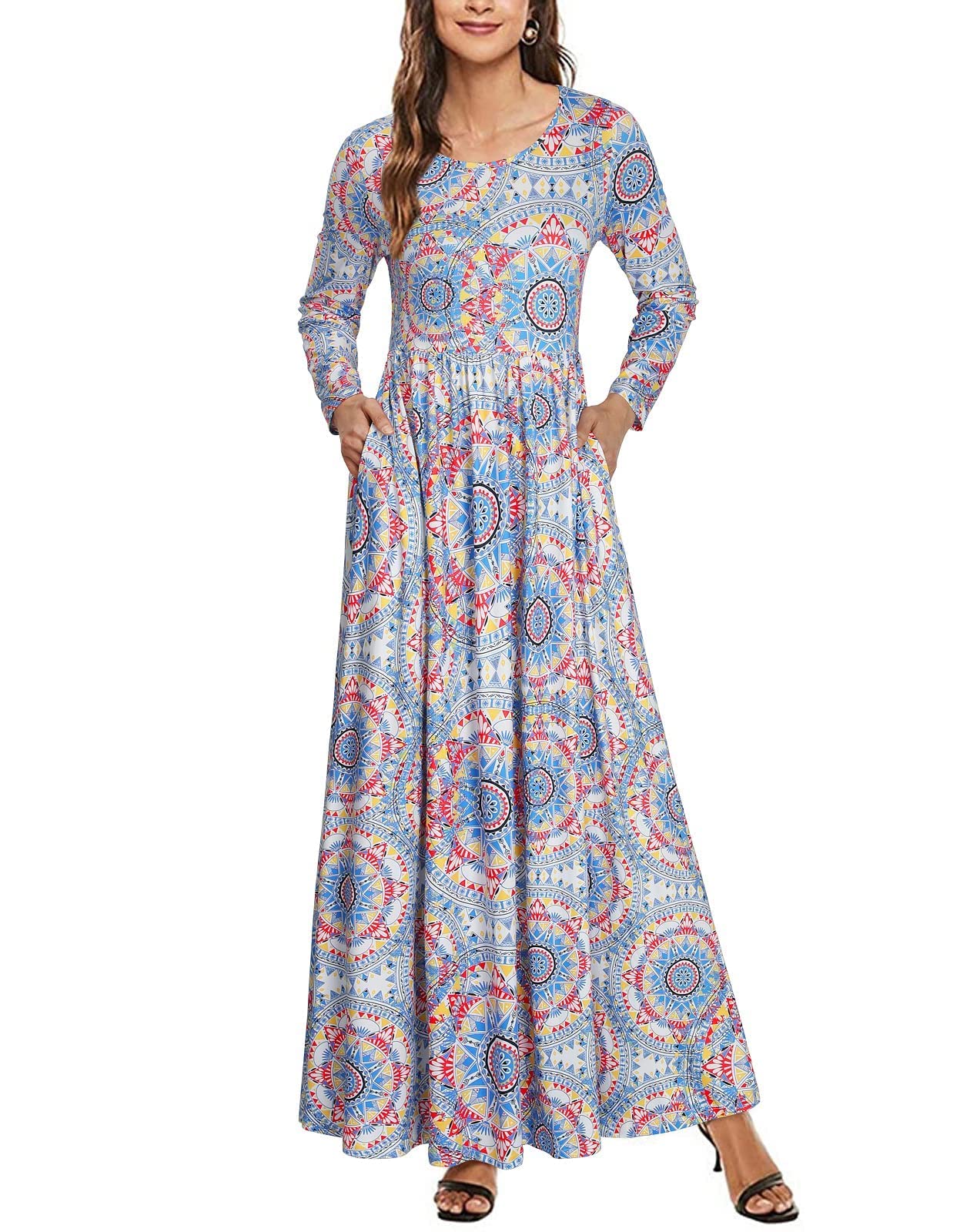 Empire Waist Floral Maxi Dress for Women - Modest Long Sleeve Church & Maternity Dress with Pockets | Perfect for Weddings, Sunday Services & Pregnancy Occasions