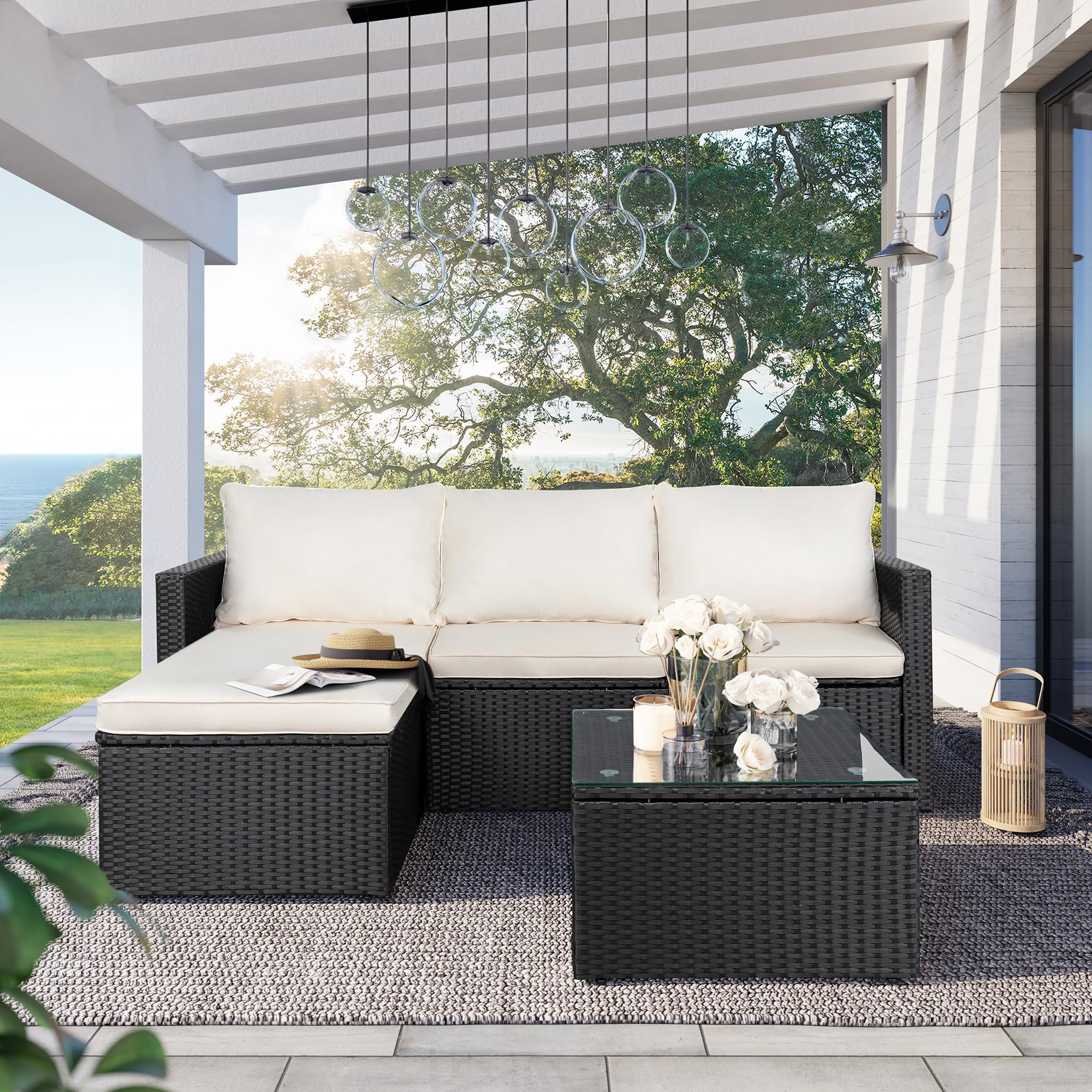 **SUNLEI 3-Piece Outdoor Patio Furniture Set with Detachable Cushions, Adjustable PE Rattan Sectional Sofa & Coffee Table – 5-Position Reclining, Black/White – Perfect for Backyard, Garden, Poolside & Balcony Relaxation**