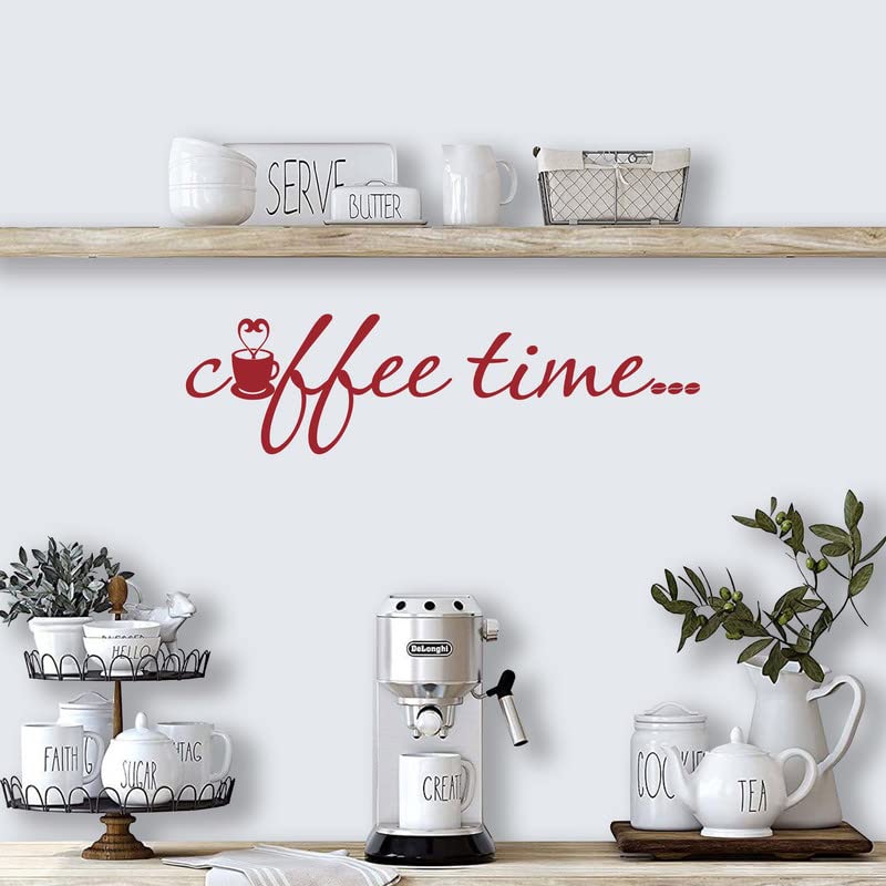 Vinyl Quote Me Kitchen Wall Decal - 'Coffee Time' Sign in Dark Red | Made in USA | Perfect for Coffee Bars, Farmhouse Kitchens & Breakfast Nooks