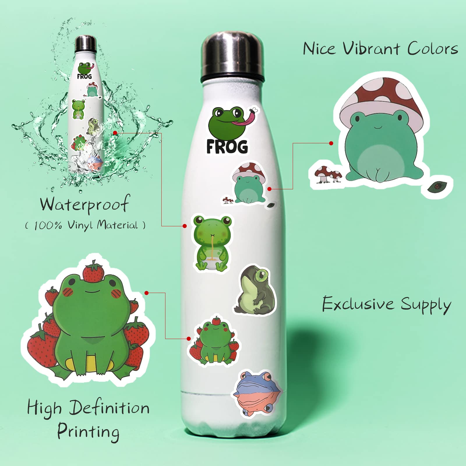 200 Pcs Cute Frog Vinyl Stickers - Waterproof Cartoon Animal Decals for Laptop, Phone, Water Bottle, Skateboard, Guitar - Fun Aesthetic Stickers for Kids & Teens - Perfect for School, DIY Crafts & Personalizing Accessories