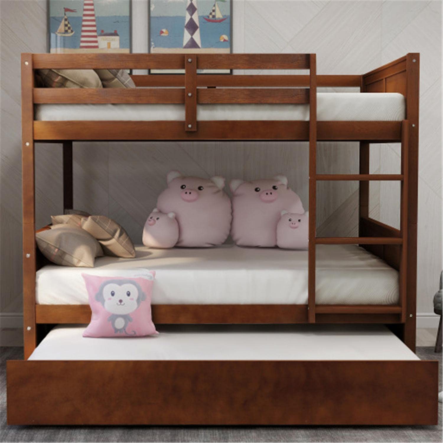 Full Over Full Bunk Bed with Twin Trundle - Solid Wood Bunk Bed Frame with Ladder & Safety Guardrail in Walnut Finish - Perfect for Kids' Bedrooms, Guest Rooms & Space-Saving Solutions