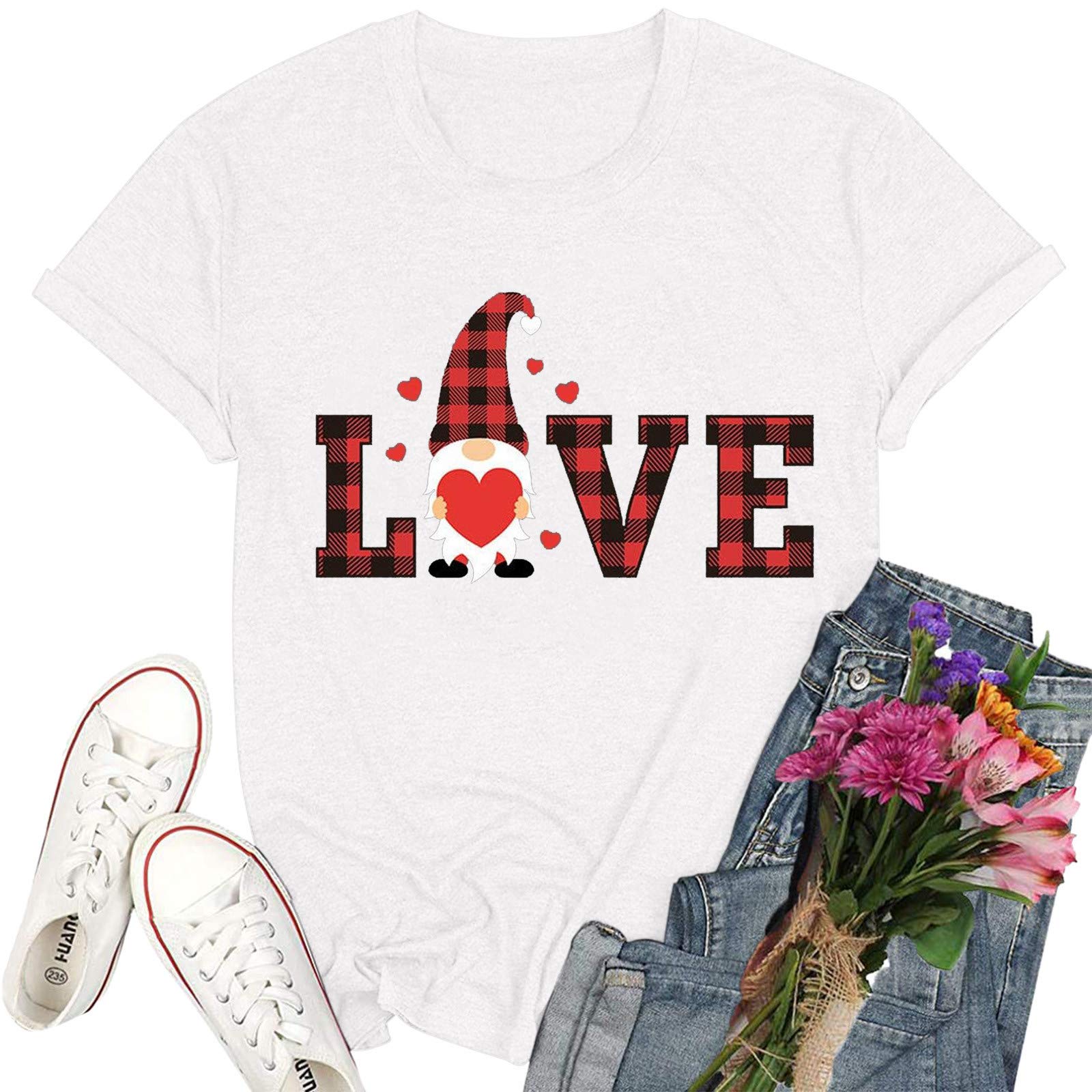 Women's Valentine's Day Plaid Print T-Shirt - Casual Love Heart Blouse Top for Romantic Dates & Gifts | AODONG