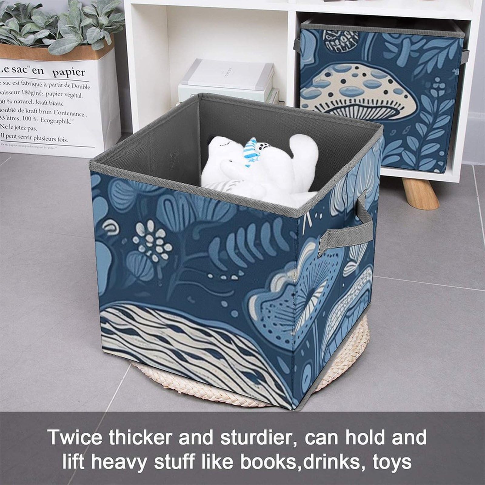 Collapsible Storage Bins with Handles - Blue Mushroom Printed Organizing Baskets for Home & Office
