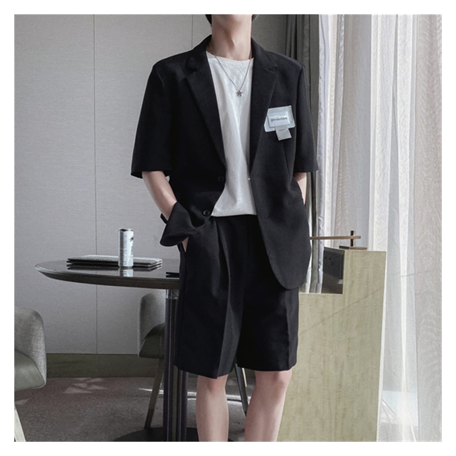 EKDSPW Men's Summer Casual Loose Suit Jacket & Shorts Tracksuit Set - Black (Size S) | Breathable Comfort Wear for Outdoor Activities, Gym Workouts & Leisure Travel