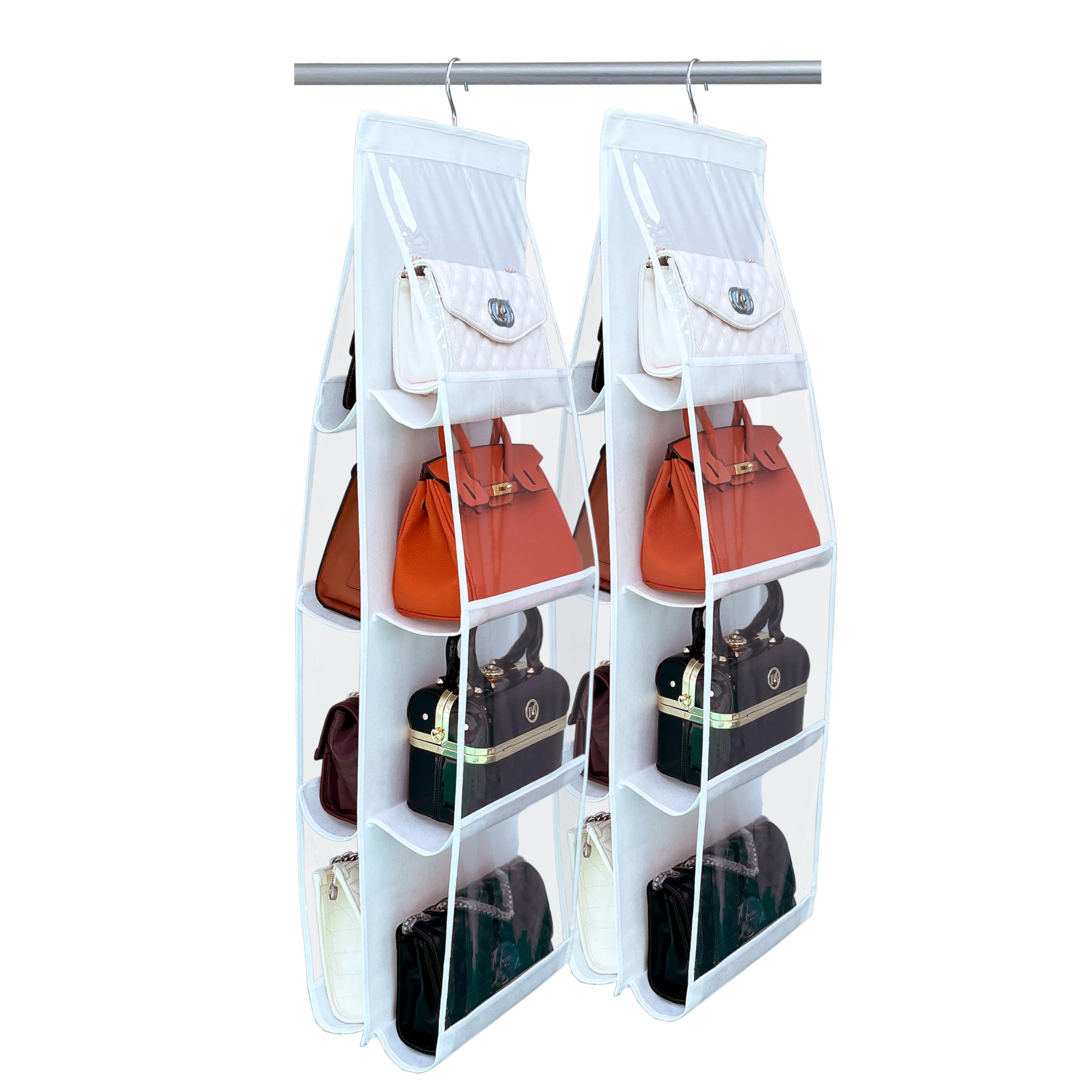 2 Pack Large Purse Organizer with 8 Pockets & Thick Metal Hooks - Premium Handbag Organizer & Purse Hanger in White | Perfect for Travel, Work & Everyday Use