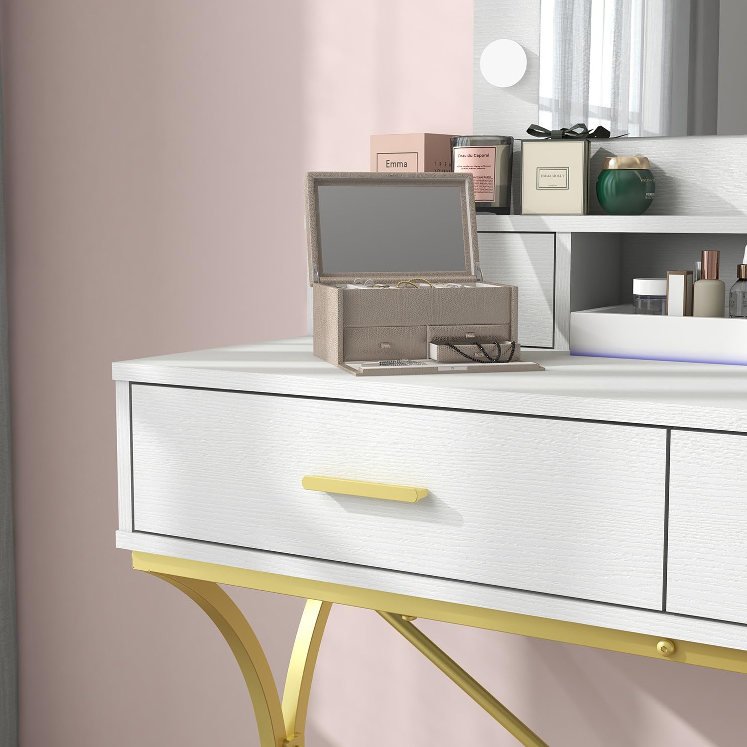 Modern Vanity Table with LED Lighted Mirror - 10 Lights Makeup Desk with 4 Drawers, White Dressing Table for Bedroom | Perfect for Makeup Application, Skincare Routine & Home Decor