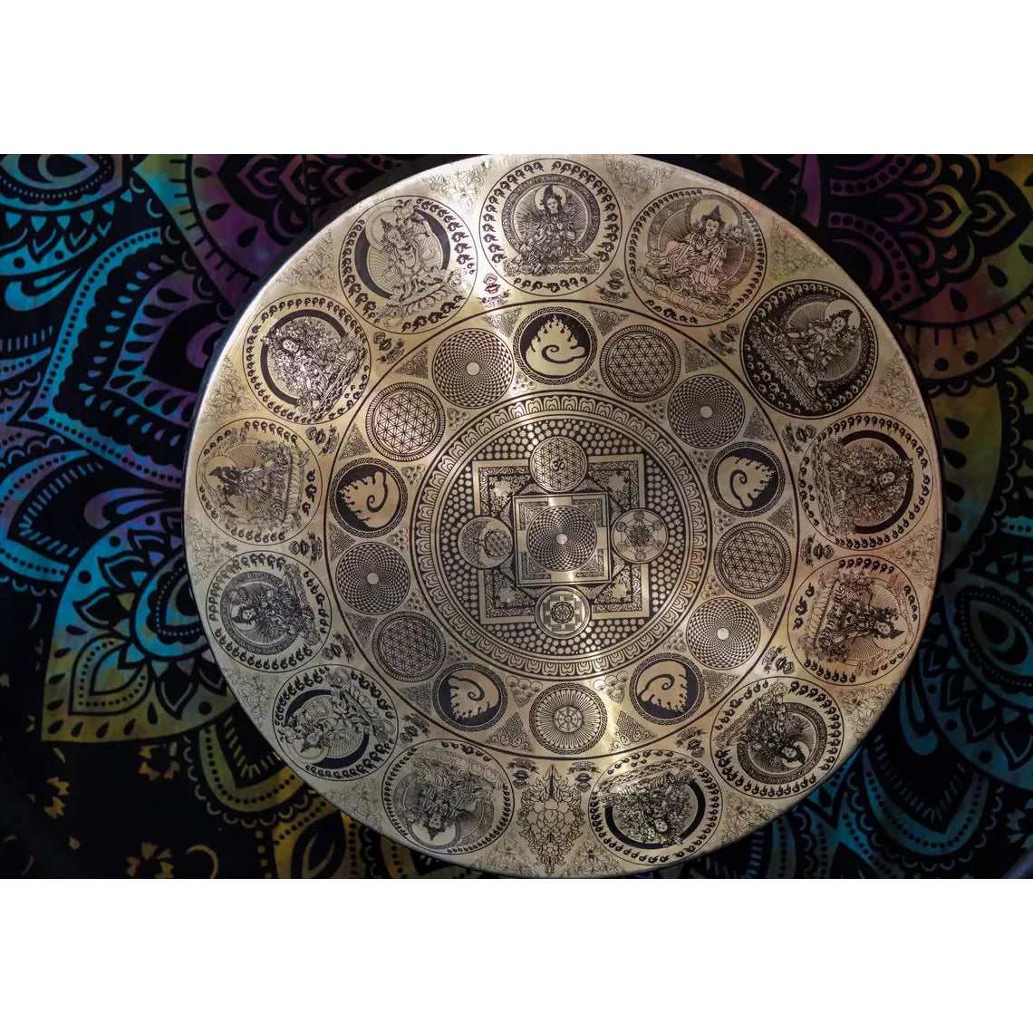 Handcrafted Tibetan Deities Carving Gong - Flower of Life Design for Meditation, Yoga & Spiritual Healing | Sacred Sound Instrument for Home Decor & Energy Cleansing
