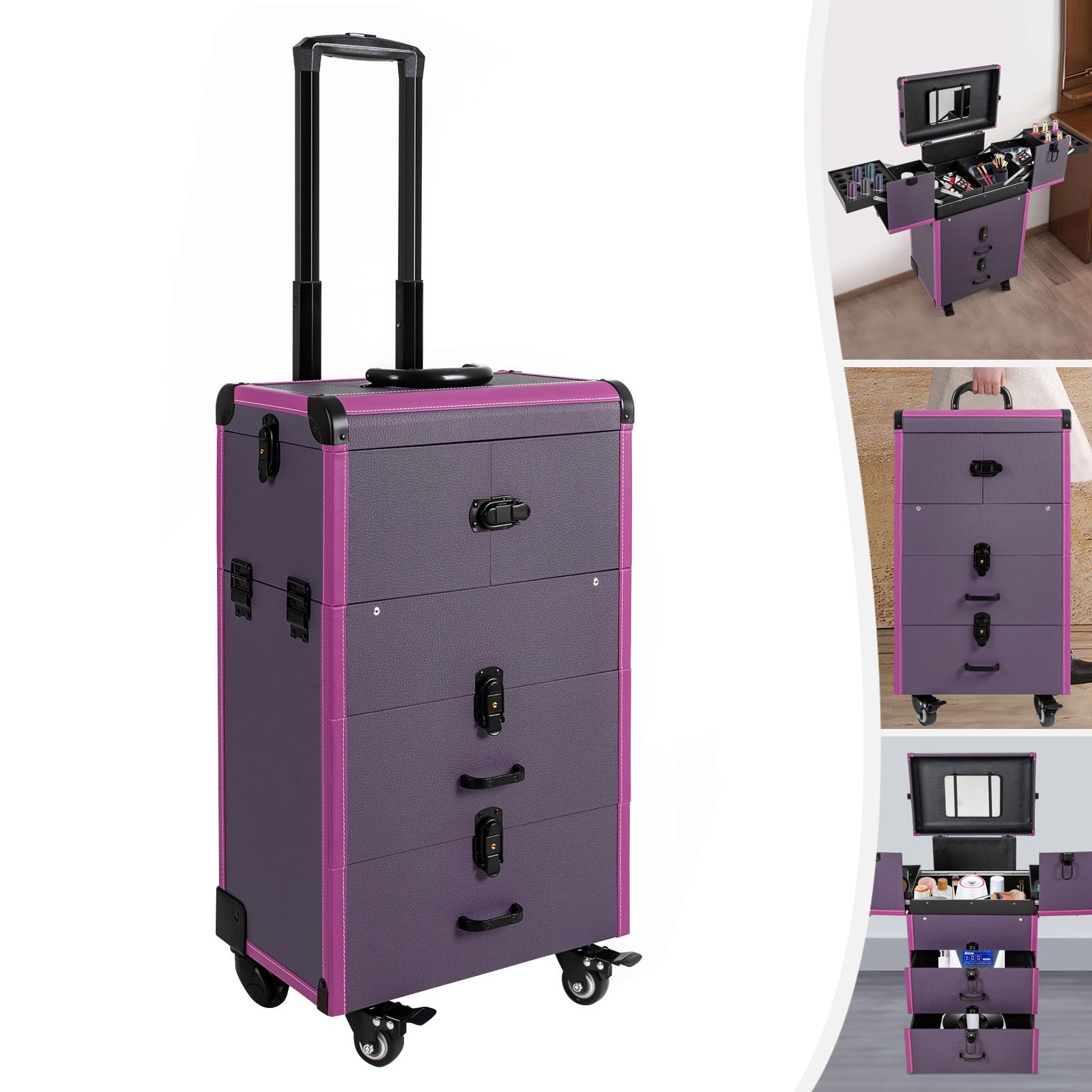 3-Tier Rolling Makeup Case - Professional Travel Cosmetic Train Case with Wheels & Lock | Portable Makeup Trolley Cart for Nail Technicians, Makeup Artists & Hairstylists | Perfect for Salon, Travel & Mobile Beauty Services