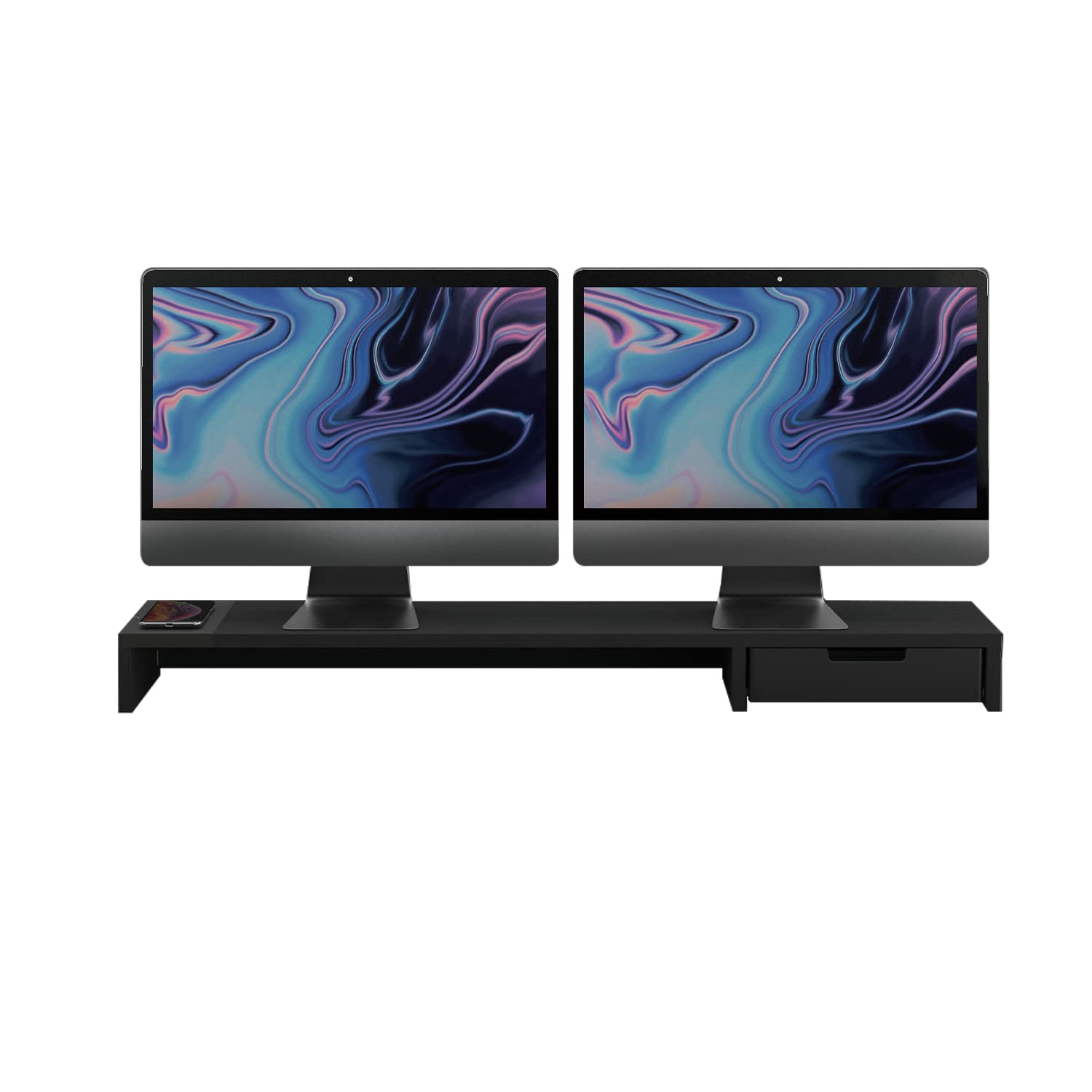 POUT E9 Dual Monitor Stand with Drawer - Adjustable Height, Wireless Charger & USB Hub for Home/Office (Deep Black) - Perfect for Gaming Setup & Workspace Organization