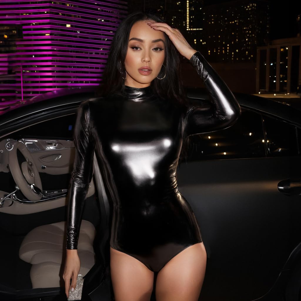 Shiny Metallic Long Sleeve Bodysuit for Women - Latex Dance Leotard with Turtleneck | Perfect for Dance Performances, Costume Parties & Nightclub Outfits