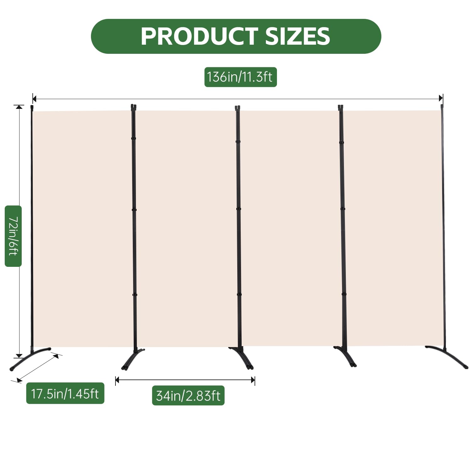 YASRKML 4-Panel Folding Room Divider Privacy Screen - Portable Freestanding Partition Panel for Home Office, Bedroom & Living Room Separation - Beige Fabric Room Dividers for Privacy & Space Organization