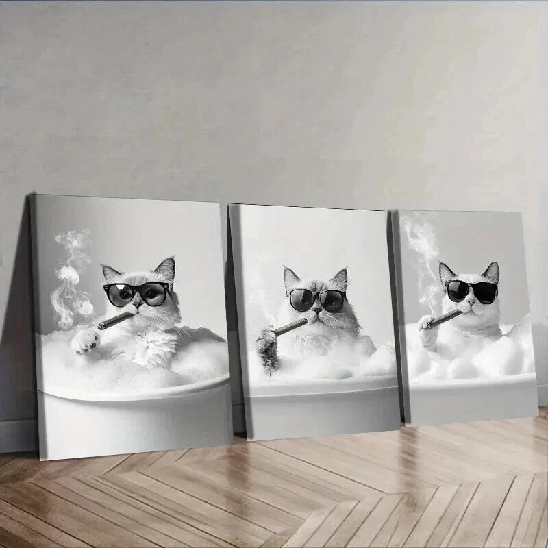 3-Piece Gangster Brother Kitten Wall Art Set - Framed Canvas 50x70cm - High Quality Print - 100% Australian Made - Ready to Hang - Perfect for Living Room, Bedroom & Office Decor
