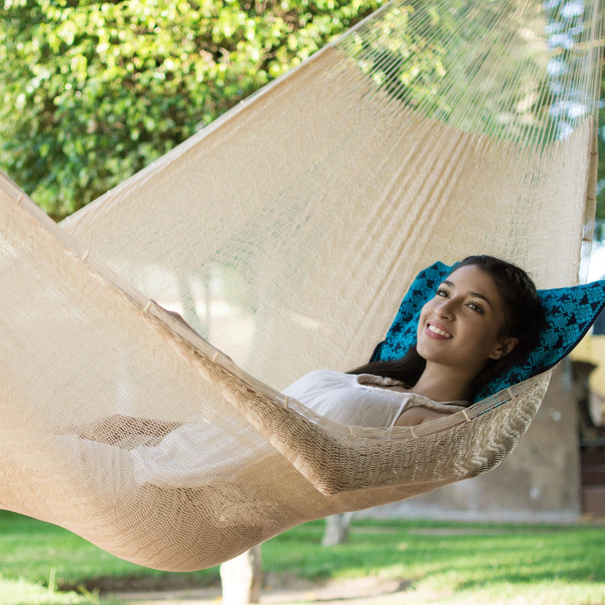 Natural Off White Hand Woven Nylon Mayan 2 Person XL Rope Hammock with Hanging Accessories - 'Caribbean Beach' Double Hammock for Outdoor Relaxation, Backyard, Beach & Patio