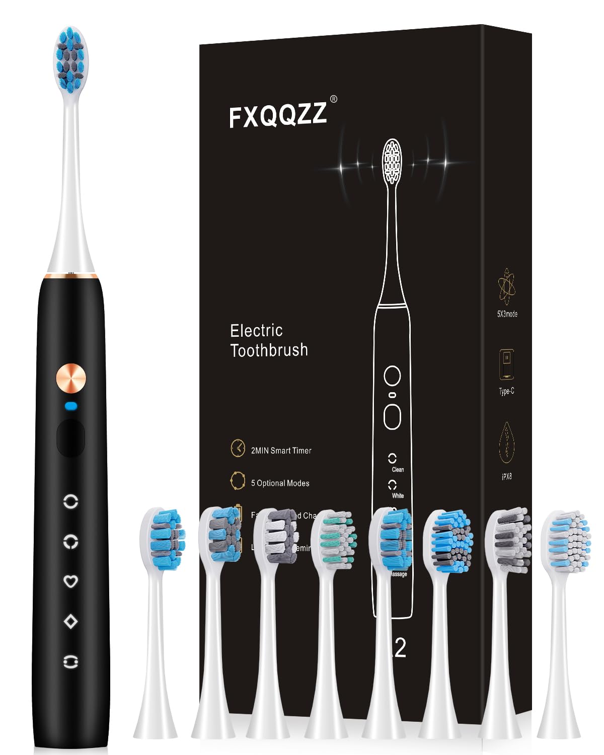 FXQQZZ Sonic Electric Toothbrush for Adults & Kids - Rechargeable Toothbrush with 8 Brush Heads, 5 Cleaning Modes & 2-Min Smart Timer - 60-Day Battery Life (Black) - Perfect for Family Oral Care & Travel