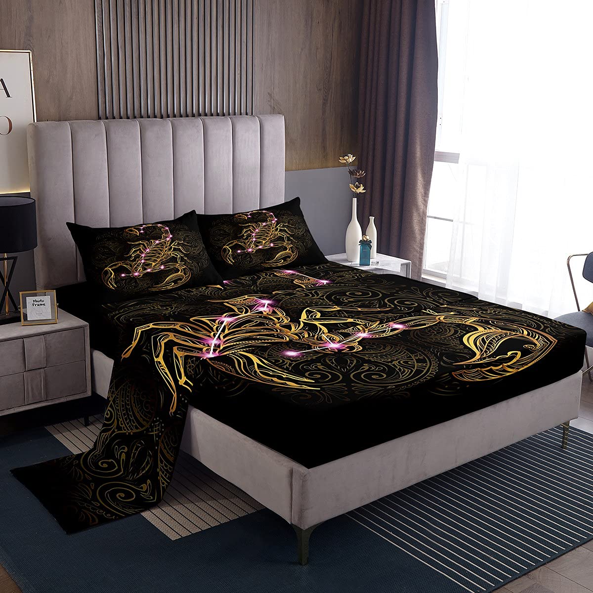 Golden Scorpion Luxury Bed Sheet Set - Exotic Tribal Retro Theme, Gothic Black Gold Mandala Vintage Style Flat Sheet for Adults, Fits 16