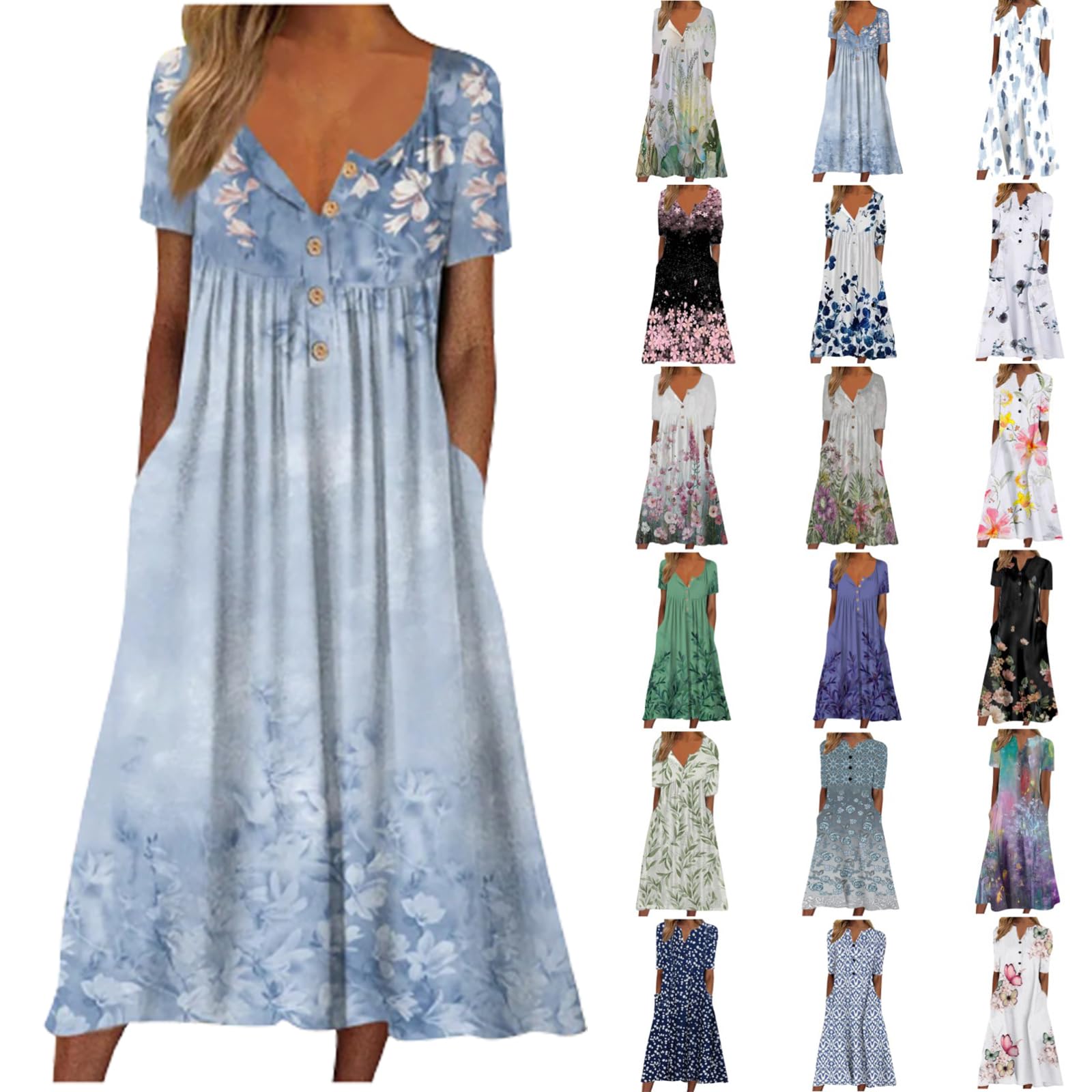 Women's Summer Casual Floral Boho Dress 2025 - Button Crewneck Plus Size Dress with Pockets | Perfect for Beach Vacations, Outdoor Picnics, and Summer Parties