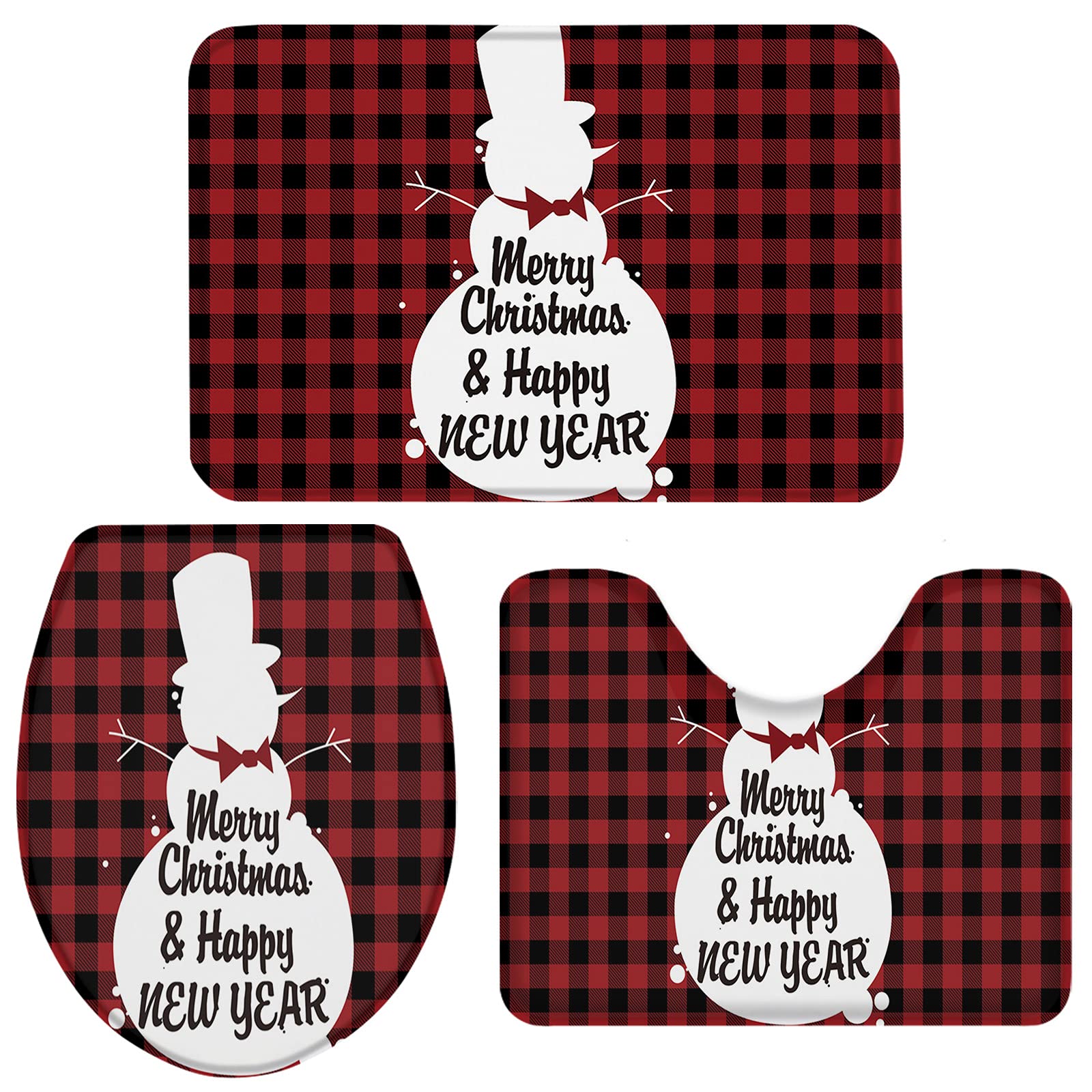 3 Piece Christmas Snowman Bathroom Rugs Set - Non-Slip Red Plaid U-Shaped Bath Mat, Toilet Cover & Shaggy Rug - Water Absorbent Bath Mats for Tub, Shower & Holiday Decor (Large Size) - Perfect for Festive Bathroom Decorations & Winter Home Accents