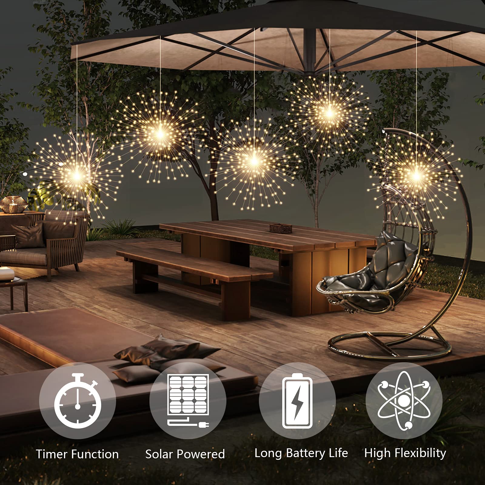 3 Pack 600 LED Solar Starburst Sphere Lights with Remote Control - 8 Modes Dimmable Waterproof Hanging Fairy Lights for Outdoor Patio, Garden, Christmas, Party & Wedding Decor (Warm White)