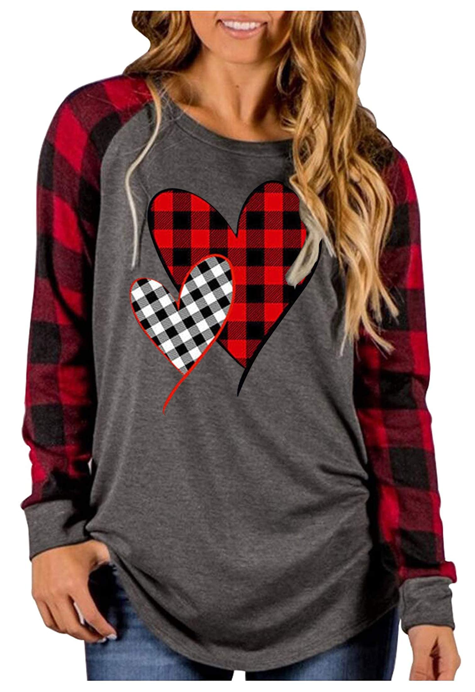 Valentine's Day Shirts for Women - Buffalo Plaid Love Heart Graphic Tee with Letter Print, Long Sleeve Top for Casual Wear, Date Night & Holiday Outfits
