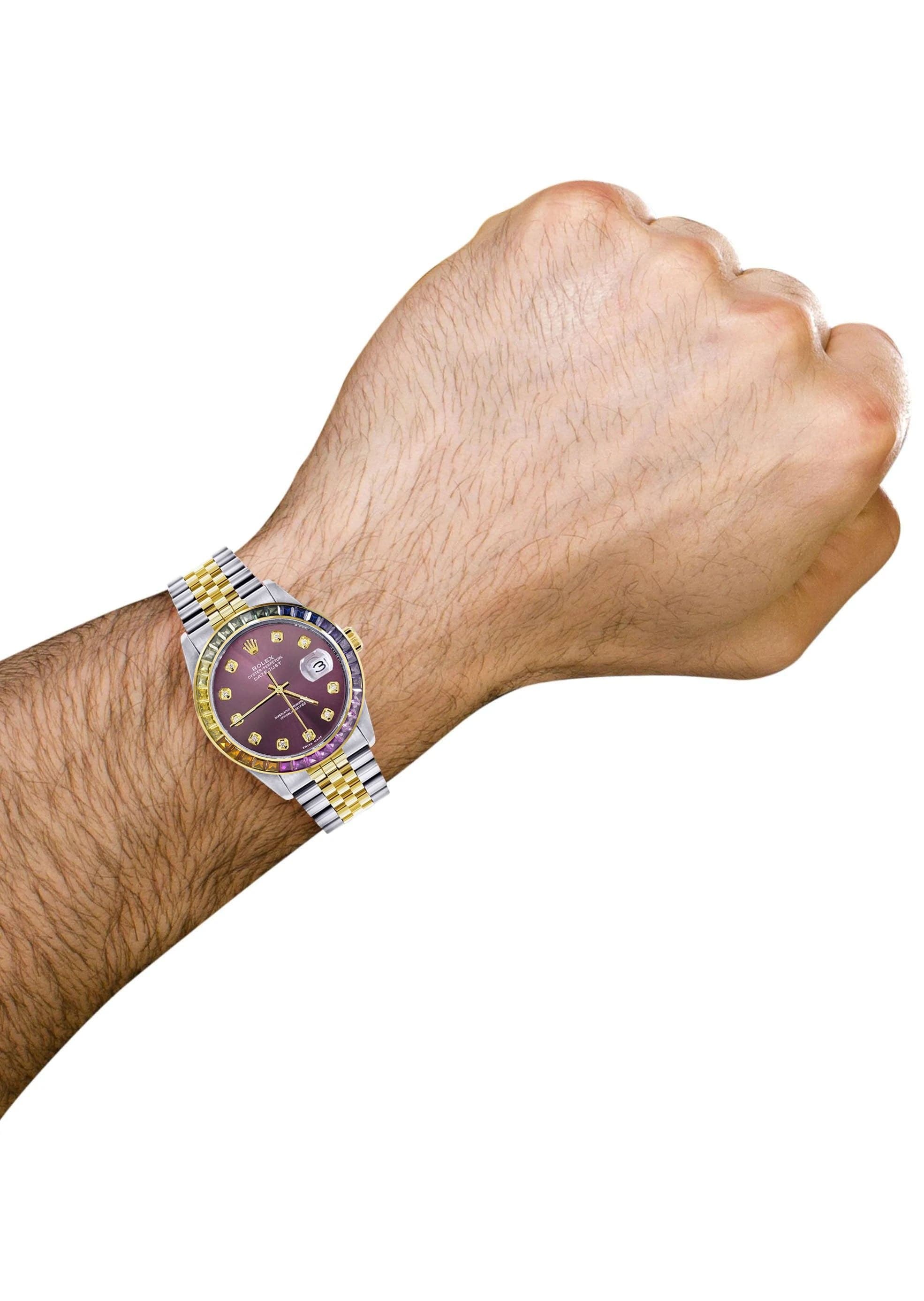 Luxury Diamond Gold Rolex Watch For Men 16233 | 36mm Rainbow Sapphire Bezel | Purple Dial | Jubilee Band | Swiss Made | Perfect for Gifts, Weddings & Special Occasions