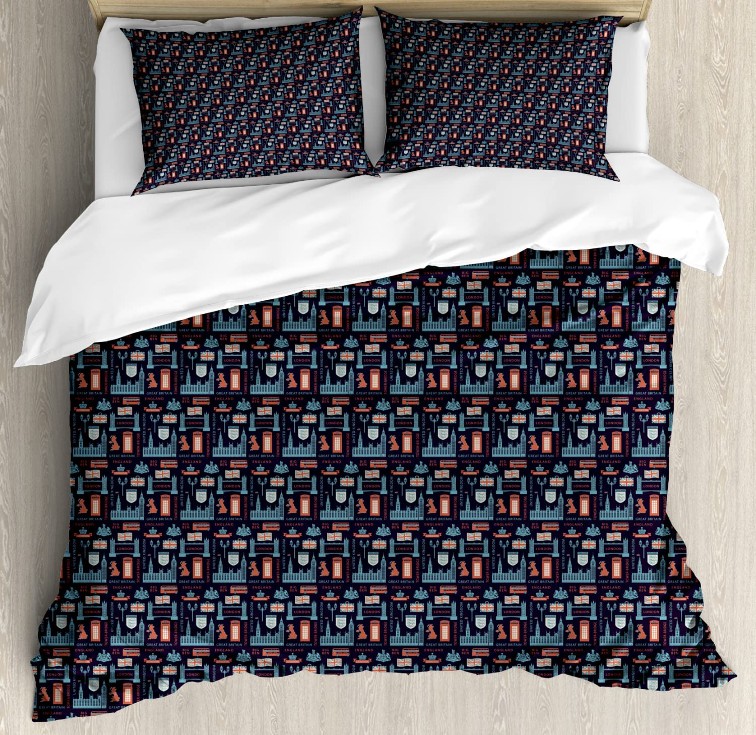 Ambesonne British Themed Phone Booth Duvet Cover Set - 2 Pack Cal King Size Bedding with 4 Pillowcases, Multicolor Symbolic Pattern | Perfect for UK-Themed Bedrooms, Gift for Anglophiles & London Lovers