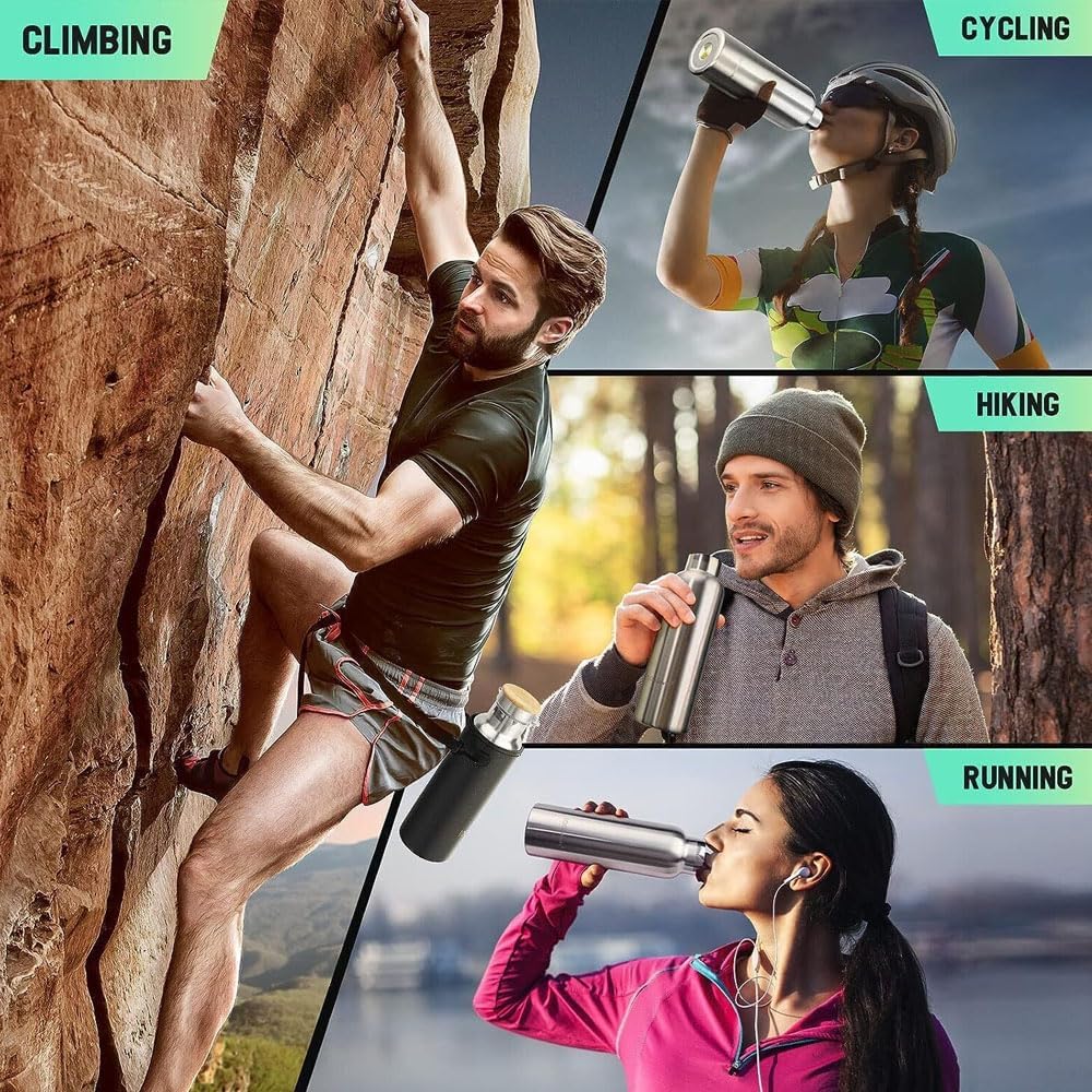 Stainless Steel Water Bottle with Bamboo Cap - 1000ml for Cycling, Running & Hiking