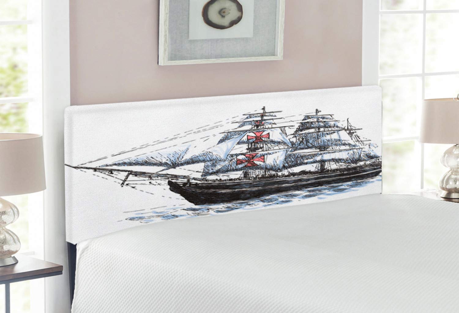 Ambesonne Vintage Upholstered Metal Headboard - Full Size Decorative Bed Frame with Memory Foam | Columbus Ship Sailing Print in Multicolor | Perfect for Coastal, Nautical & Vintage Bedroom Themes