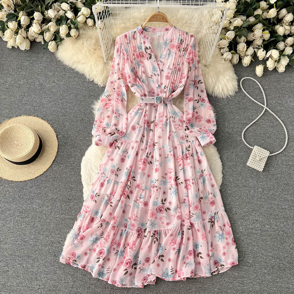 Elegant Floral Chiffon V-Neck Long Sleeve Dress for Women - Spring Fairy Sweet Dress - Perfect for Weddings, Parties & Romantic Dates