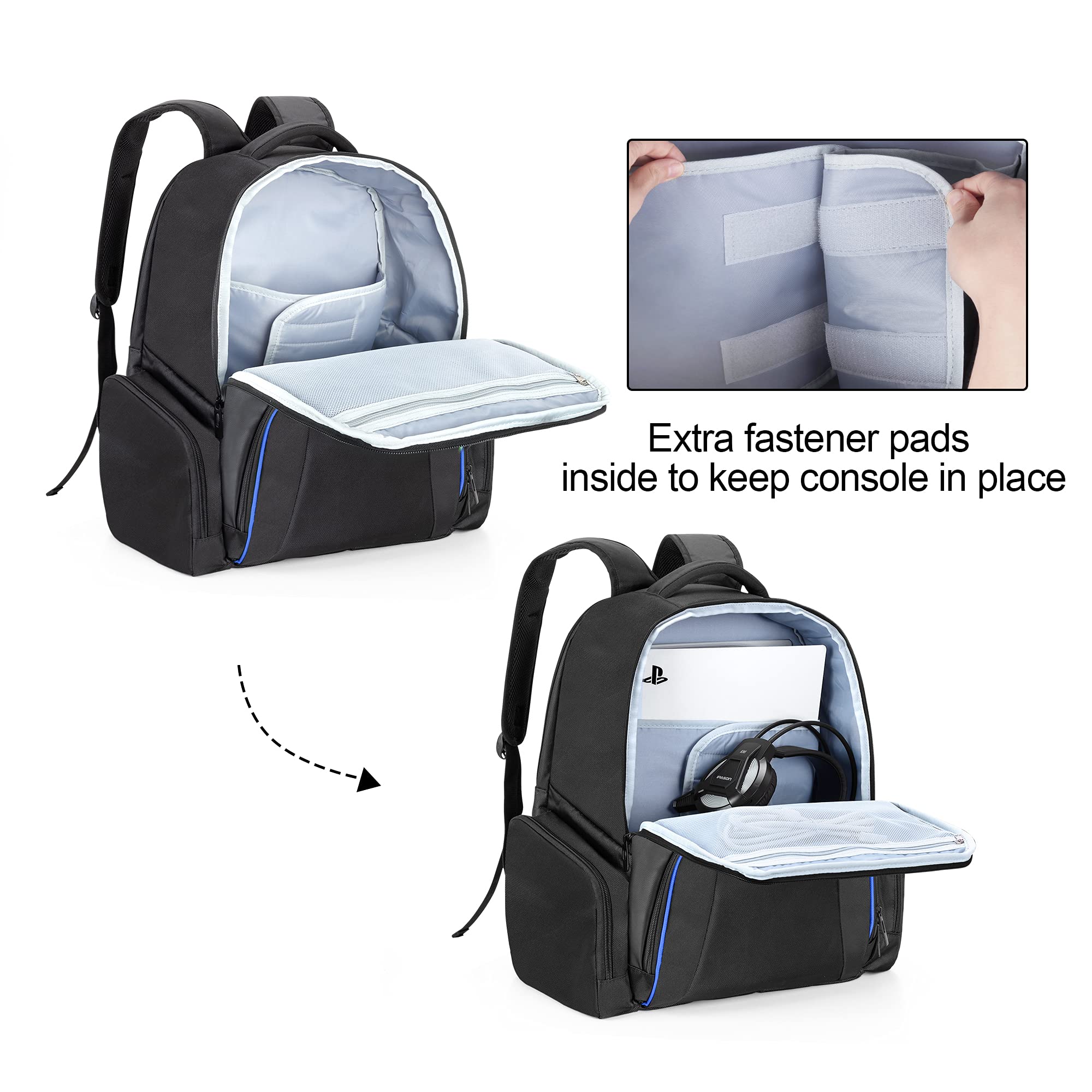 CURMIO Travel Backpack Compatible with Xbox Series S, Xbox One, Xbox 360, PS5, PS4 & PS4 Pro - Gaming Console Carrying Case for Controllers & Accessories (Bag Only) - Blue - Perfect for Travel, Gaming Events & Outdoor Adventures