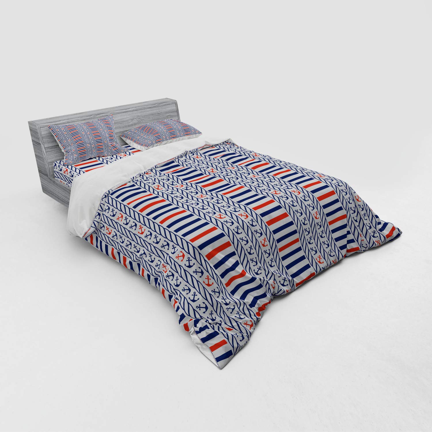 Ambesonne Nautical Duvet Cover Set - Marine Stripes Anchors Sailor Navy Design 3-Piece Bedding Set with Pillow Sham & Fitted Sheet, Queen Size, Night Blue & Orange - Perfect for Coastal Themed Bedrooms, Beach House Decor & Nautical Inspired Home Styling