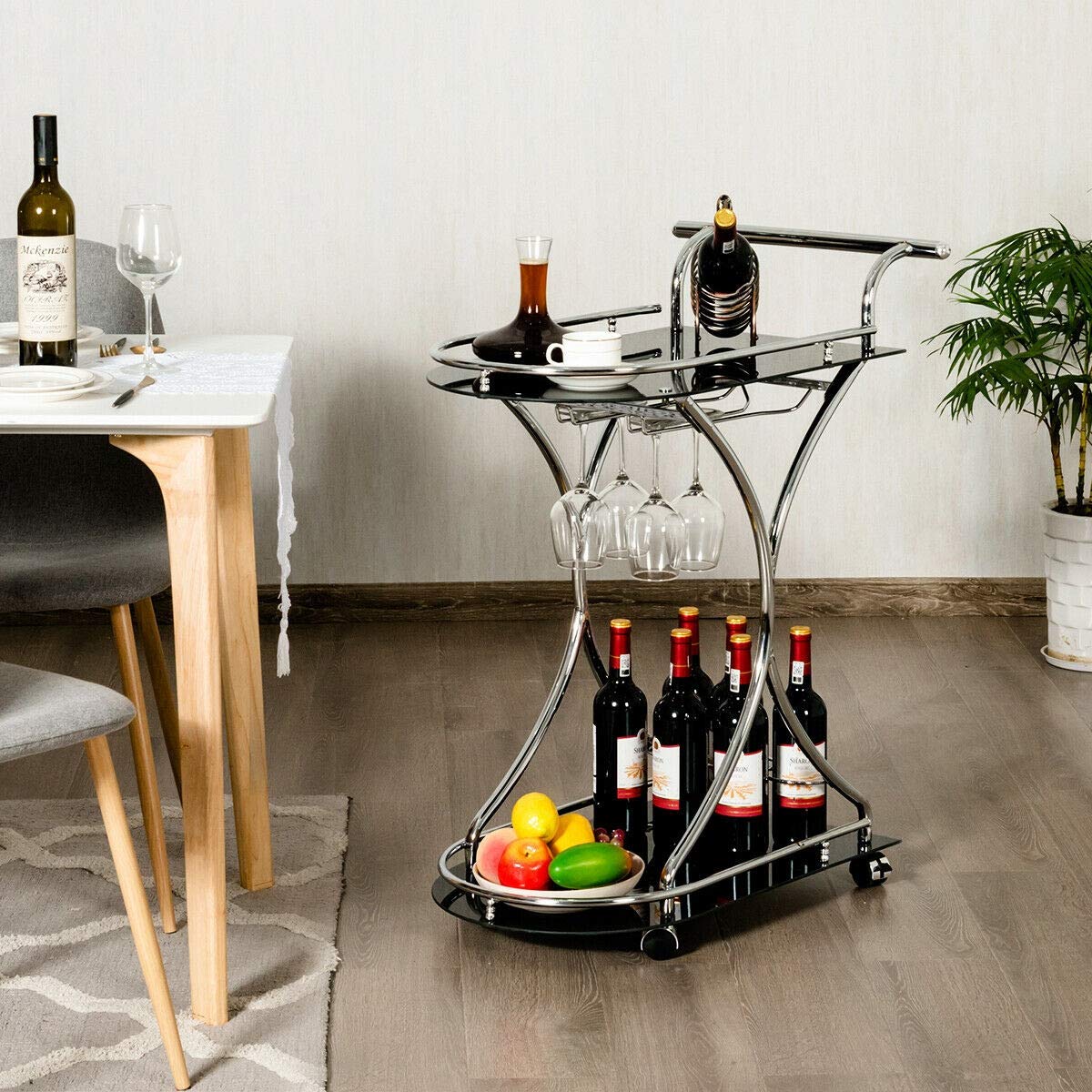 Stylish Multifunctional Rolling Kitchen Cart with Sturdy Metal Frame & Spacious Storage - Perfect for Dining Room, Bar, Pub, or Hotel Serving - Easy Setup Glass Beverage Cart with Smooth Wheels for Food & Drink Delivery
