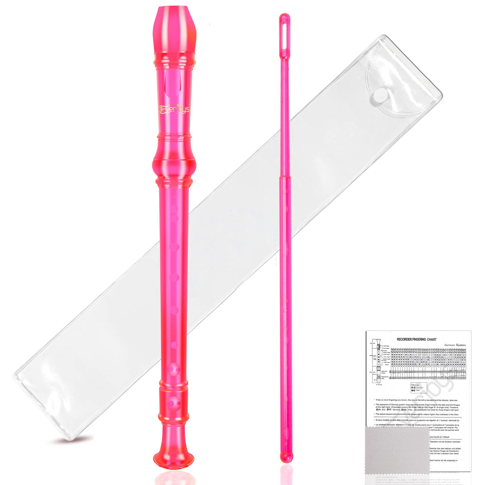 Everjoys Soprano Recorder for Beginners - German Style C Key 8 Hole Flute with Detachable 3-Piece ABS Body, Cleaning Rod, Carry Bag & Fingering Chart (Transparent Pink) - Perfect for School Music Classes, Home Practice & Student Band Performances