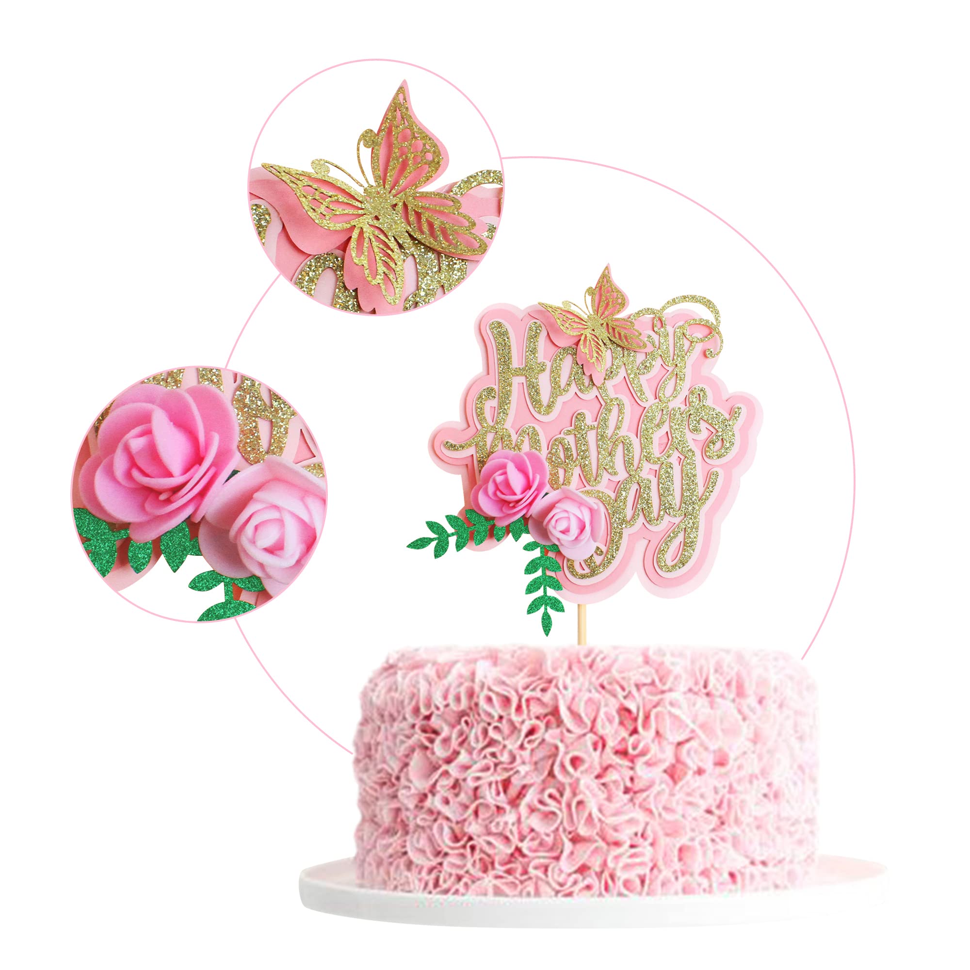 Gold Glitter Happy Mother's Day Cake Topper - Elegant Mom Letter Cake Decoration with Butterfly & Flower Design for Birthday Party, Wedding, Baby Shower & Special Celebrations
