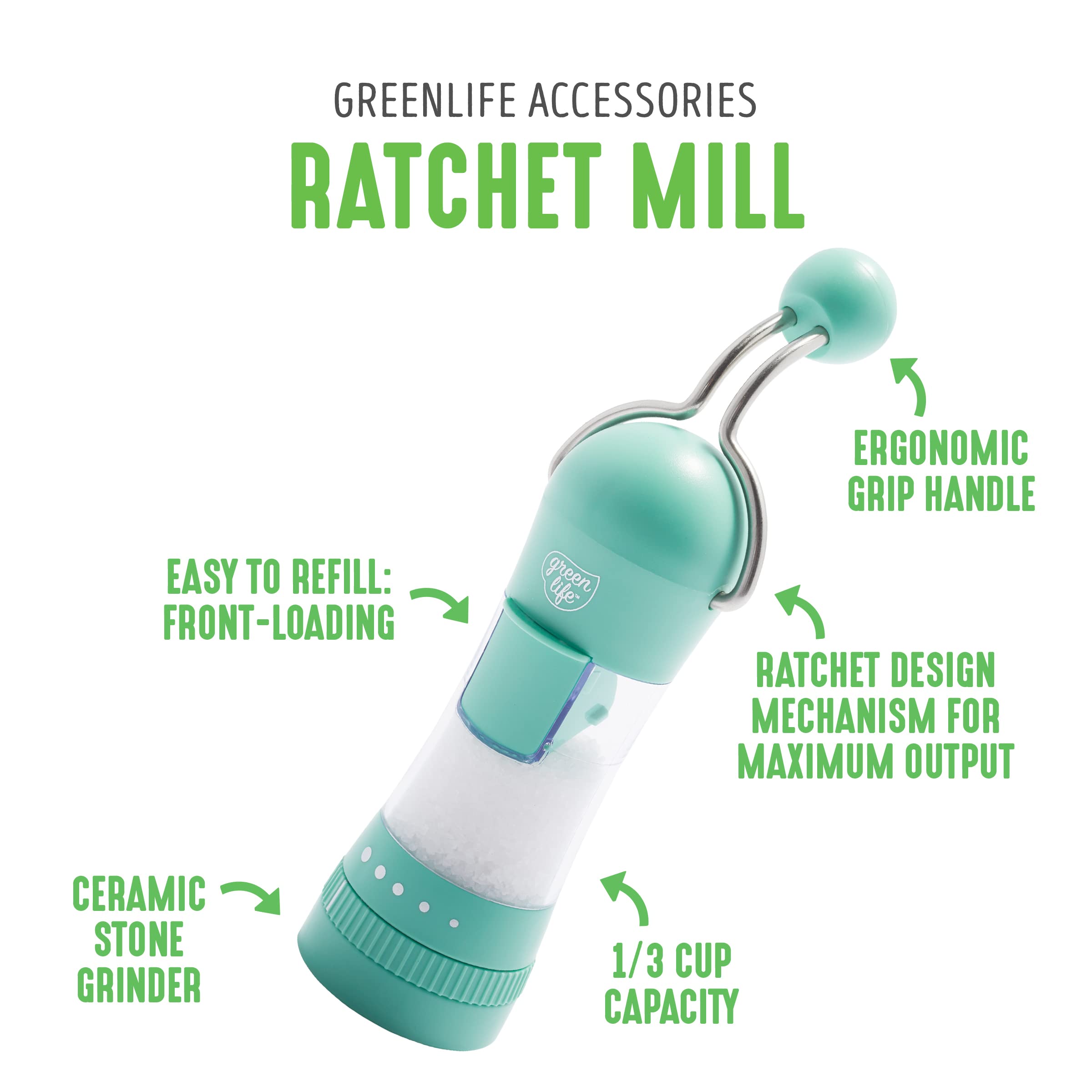 Premium GreenLife Ratchet Mill - Adjustable Salt and Pepper Grinder with Mess-Free Design | Easy Refill & No-Twist Grinding | Ergonomic Kitchen Tool for Seasoning & Spices | Perfect for Cooking, Dining & Gourmet Meal Preparation (Turquoise)