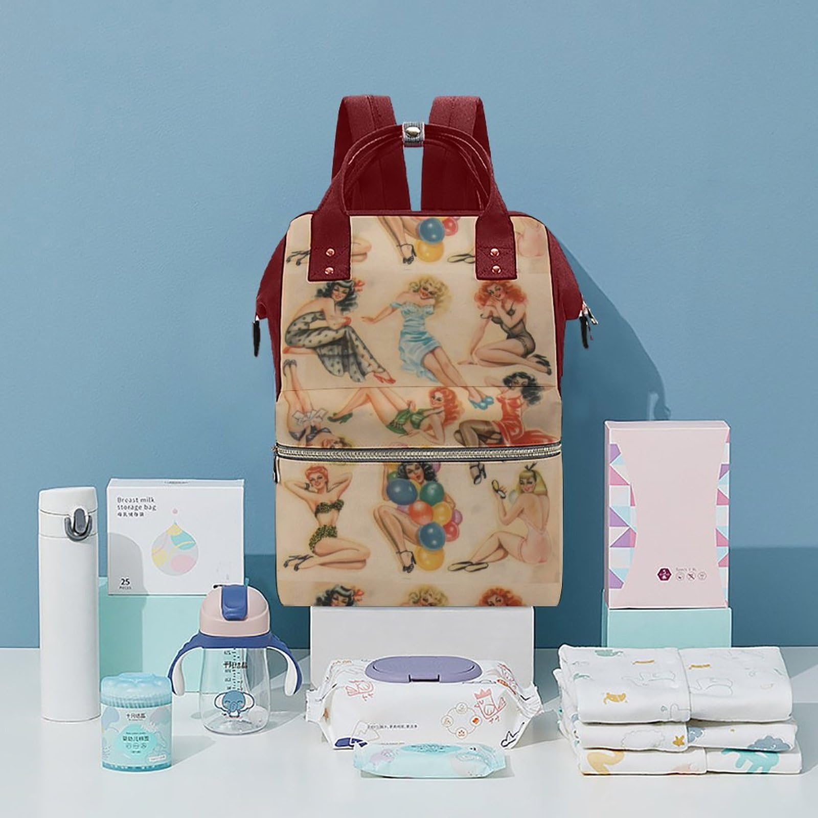 Retro Pinup Travel Backpack for Women - Waterproof with Bottle Pocket for Hiking & Commuting