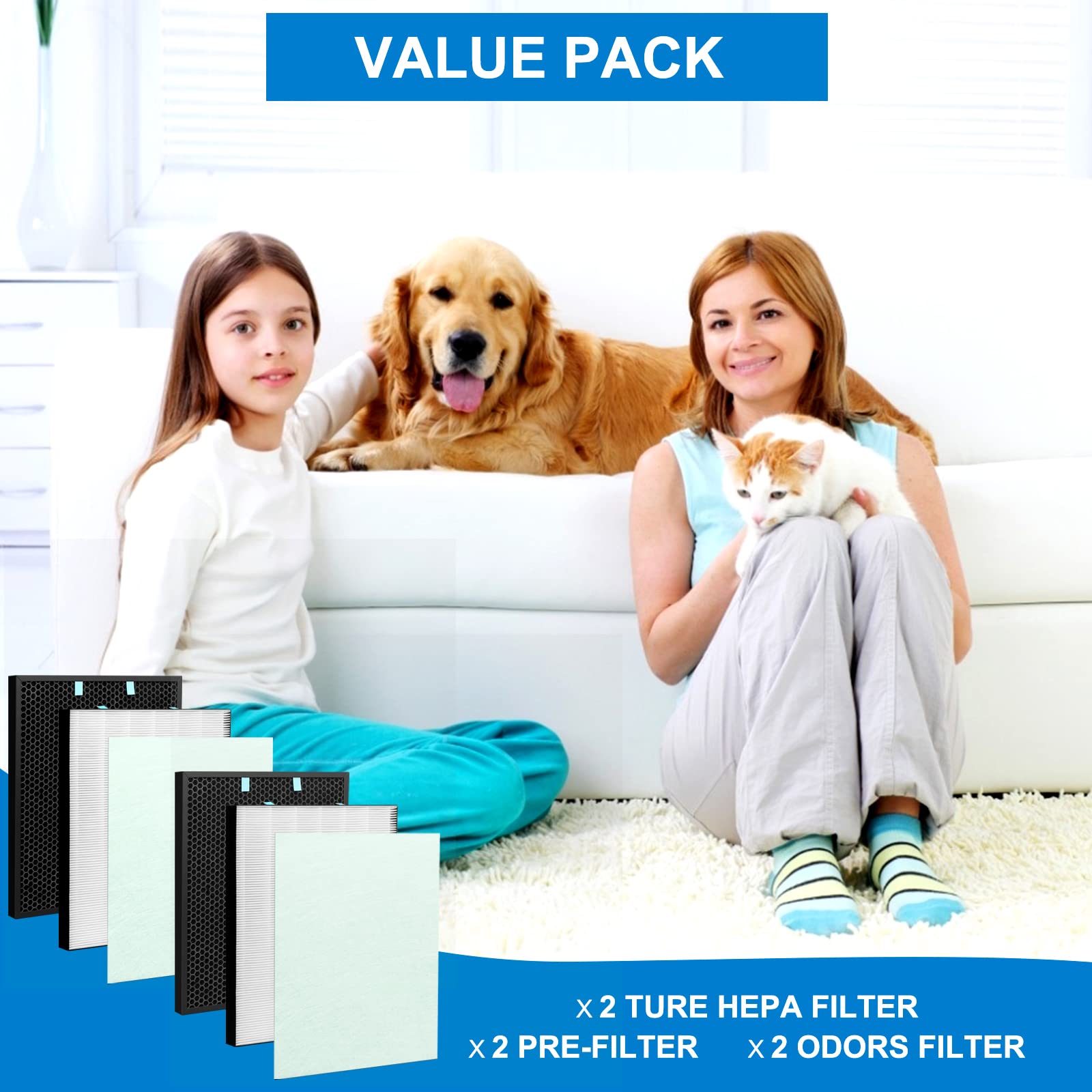 2-Pack Bissell Air400 Replacement Filters - HEPA Activated Carbon Pack 3365, Includes 2521 True HEPA Filters & Pre-Filters, 2520 Active Carbon Filters - for Cleaner Air in Bedrooms, Living Rooms & Offices