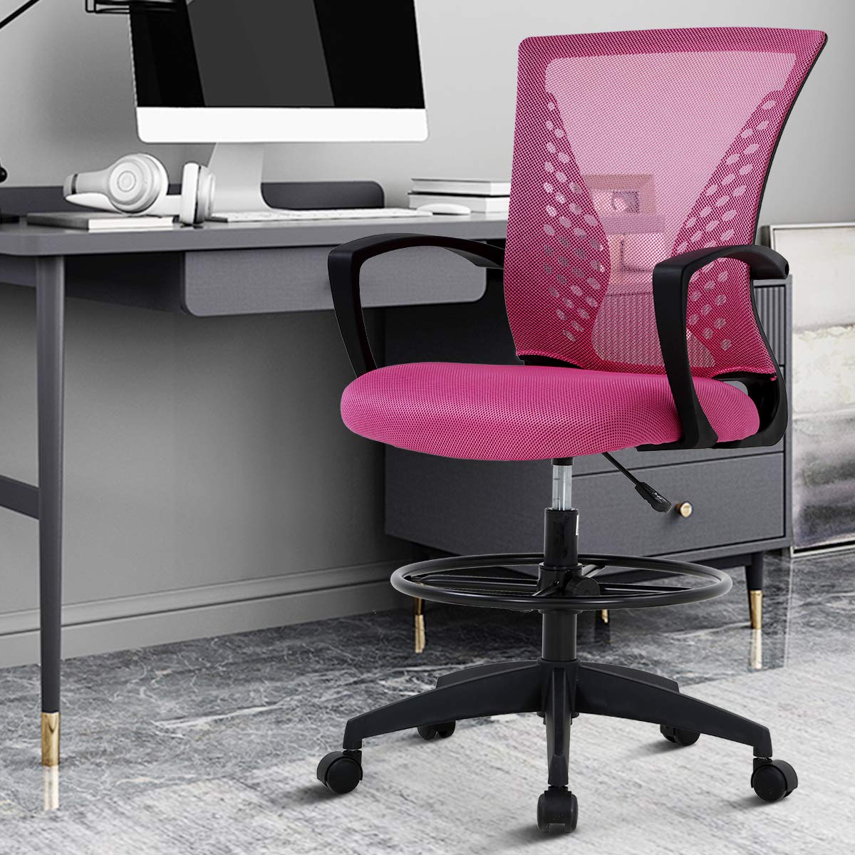 Ergonomic Adjustable Height Drafting Chair with Lumbar Support, Foot Rest & Rolling Swivel - Pink Mesh Office Stool for Architects, Artists & Home Office Use