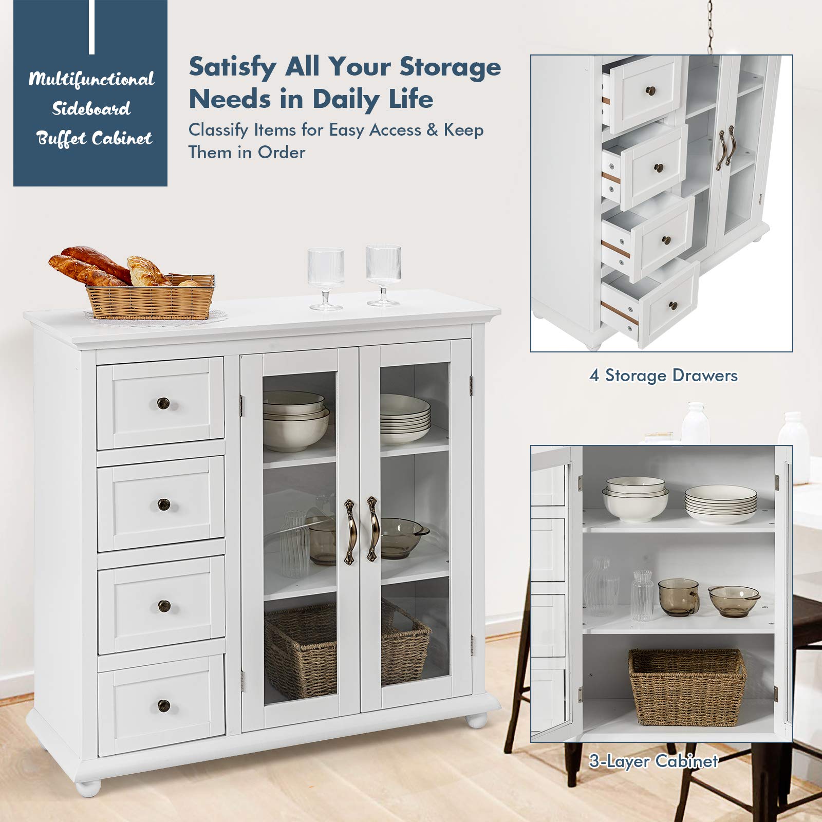 Giantex White Buffet Sideboard - Wooden Storage Cabinet with 4 Drawers & 2 Doors, Console Table for Living Room, Dining Room Furniture, Kitchen Pantry Cupboard - Perfect for Home Organization & Entertaining