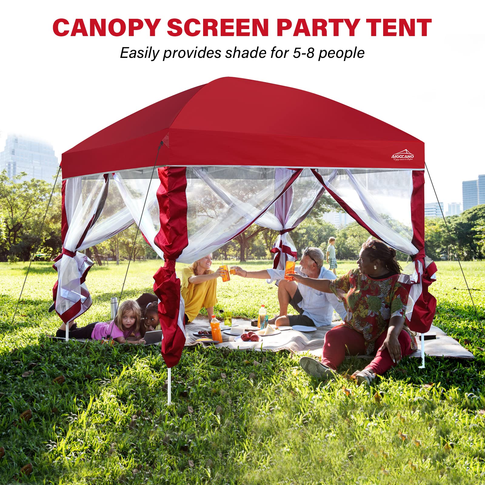 10x10 Pop Up Canopy Tent with Netting Screen - Easy Setup Outdoor Gazebo for Camping, Backyard Parties & Patio - Includes Foldable Design, Roller Bag & 4 Sandbags (Red) - Perfect for Beach Picnics, BBQ Gatherings & Tailgating Events