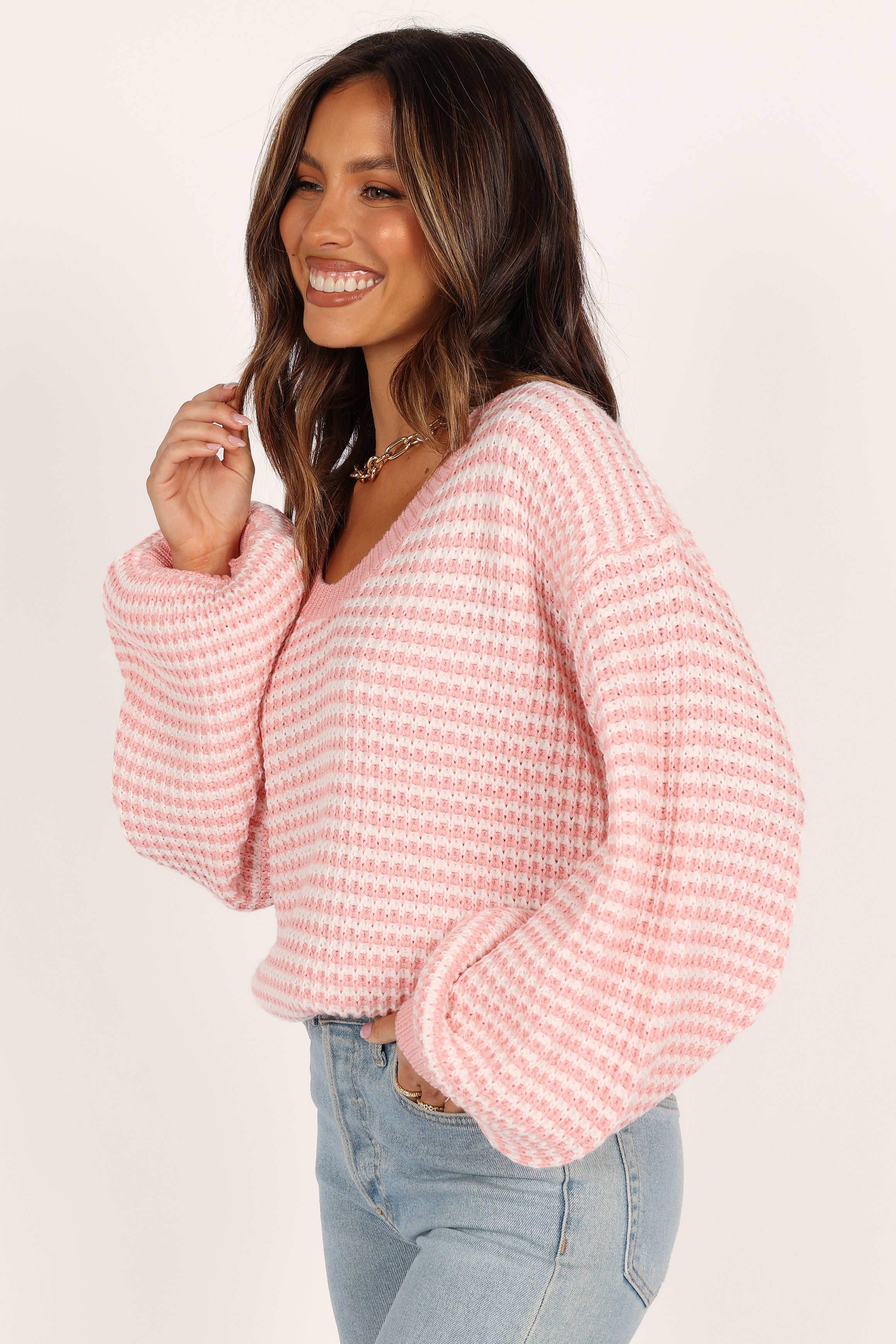 Becca Crewneck Waffle Stitch Stripe Knit Sweater for Women | Soft Pink Winter Pullover | Casual Outfit & Cozy Home Wear