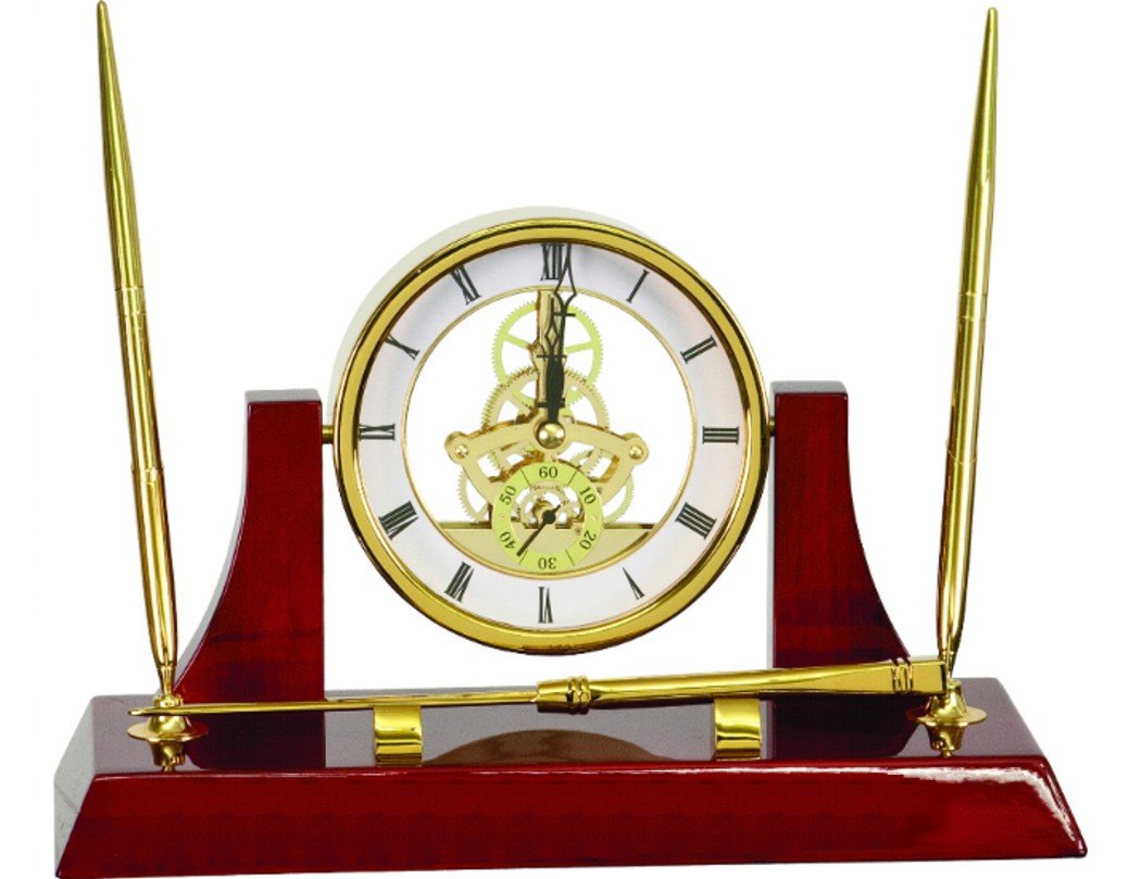 Gatsbe Executive Gold & Rosewood Piano Finish Desk Clock Set with 2 Pens & Letter Opener - Elegant Office Decor for Professionals & Home Study