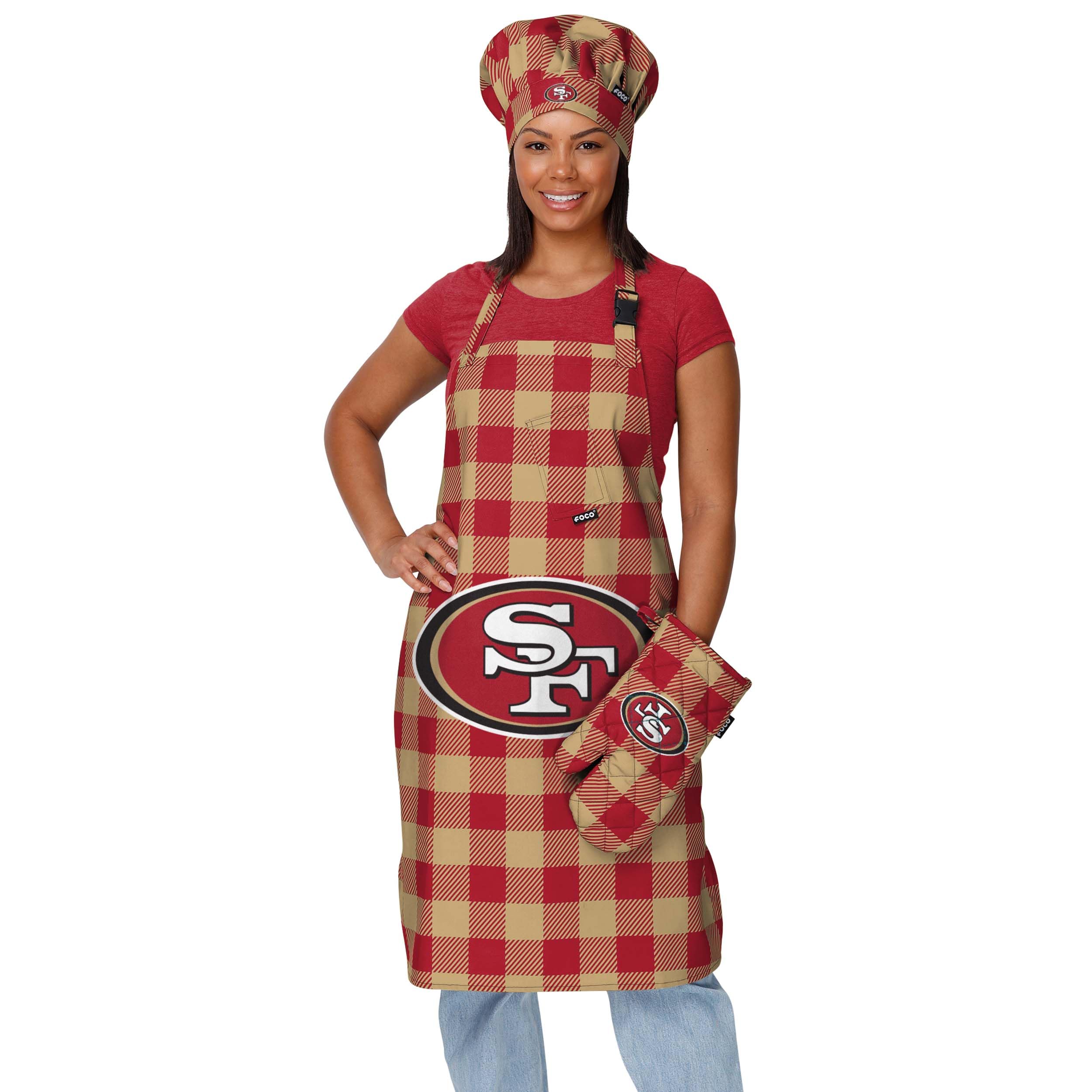 FOCO NFL Plaid Apron with Chef Hat & Oven Mitt 3-Piece Cooking Set - Perfect for Game Day Tailgating, BBQ Grilling & Kitchen Baking
