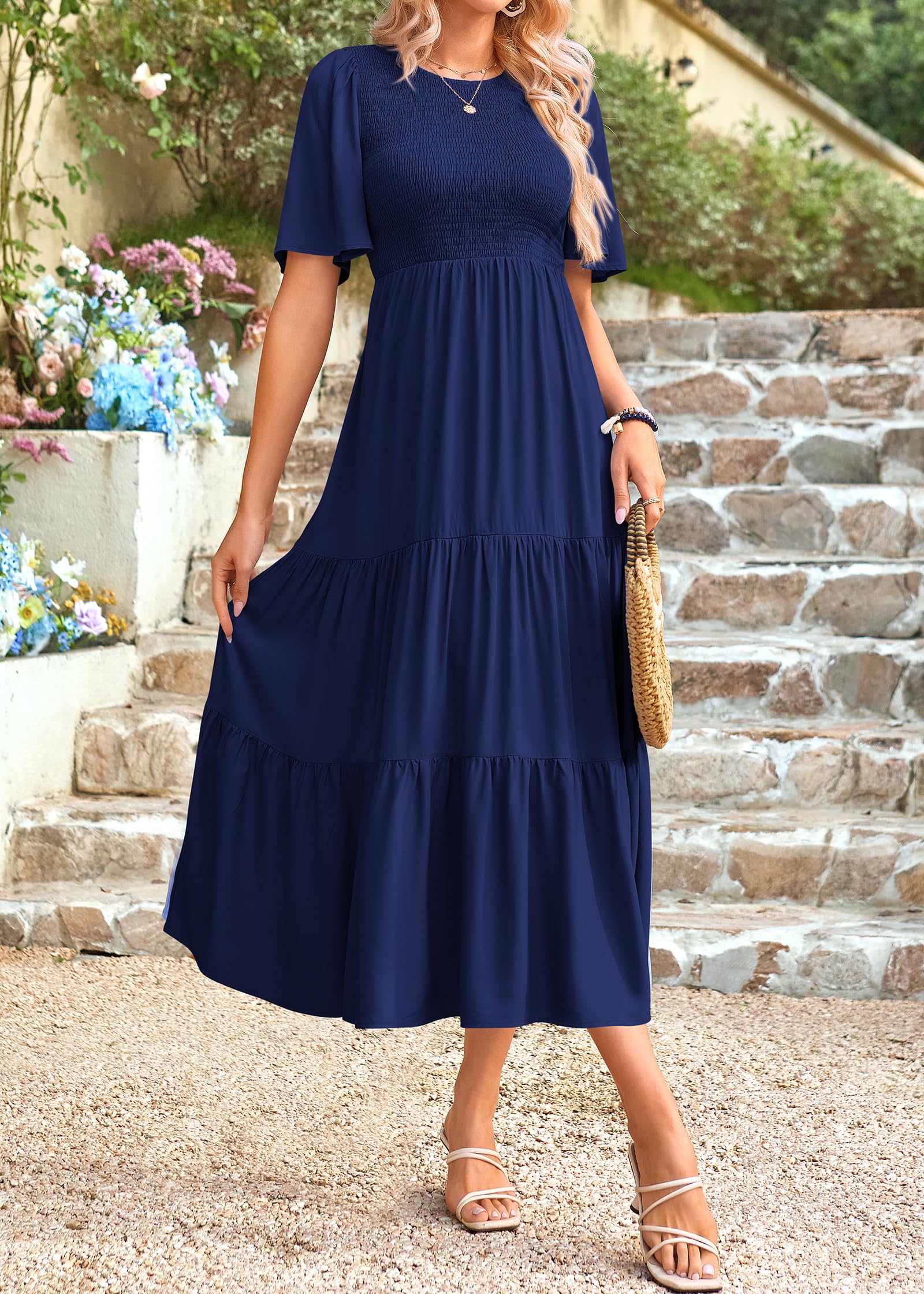 KIRUNDO Women's Flutter Short Sleeve Midi Dress - Smocked Tiered A-Line Summer Casual Dress for Going Out, Spring/Summer 2025 Fashion | Perfect for Beach Vacations, Date Nights & Brunch Outings