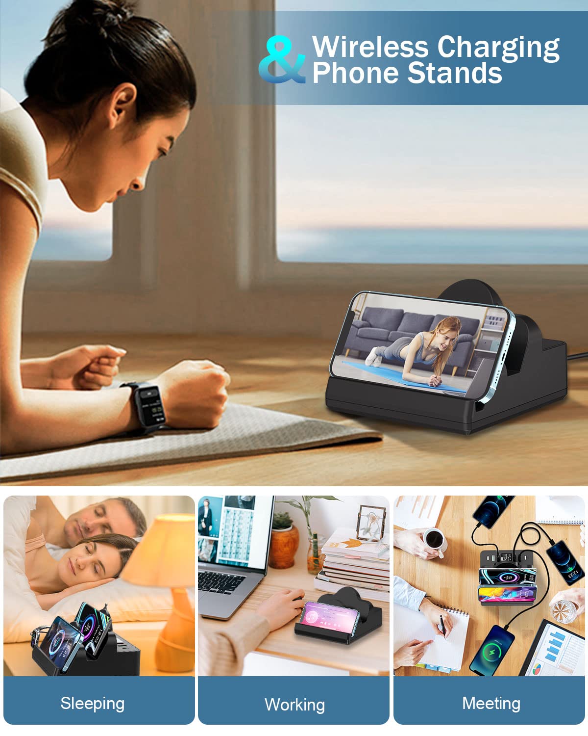 6-in-1 Wireless Charging Station with 15W Fast Charging - 2 QC & 2 PD USB Ports, 80W Multi-Device Charger for iPhone 14/13/12/11/X, Samsung Galaxy, Android Phones & Apple Watch - Perfect for Home, Office & Travel Charging Needs