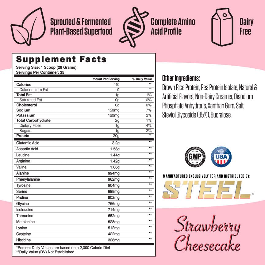 Steel Supplements Veg-PRO Vegan Protein Powder - Strawberry Cheesecake Flavor | 25 Servings (1.65lbs) | Organic Plant-Based Protein with BCAA Amino Acids | Gluten Free, Dairy Free, Low Carb Formula | Perfect for Post-Workout Recovery & Muscle Building