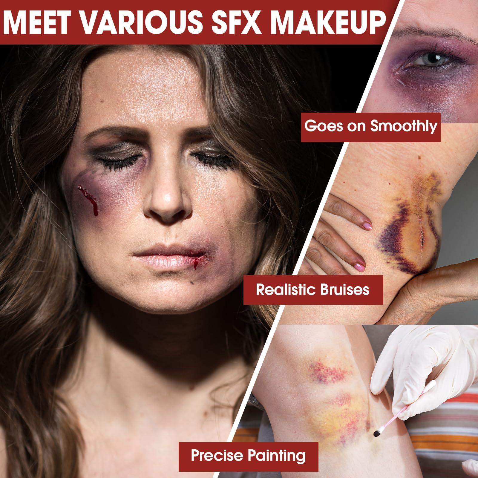 6 Colors Halloween Face & Body Paint Kit - Yellow, Purple, Red, Green, Bruise Wheel for SFX Makeup | Includes 6 Sponges & 3 Brushes | Perfect for Zombie, Clown, Joker, Alien, Witch & Cosplay Costumes