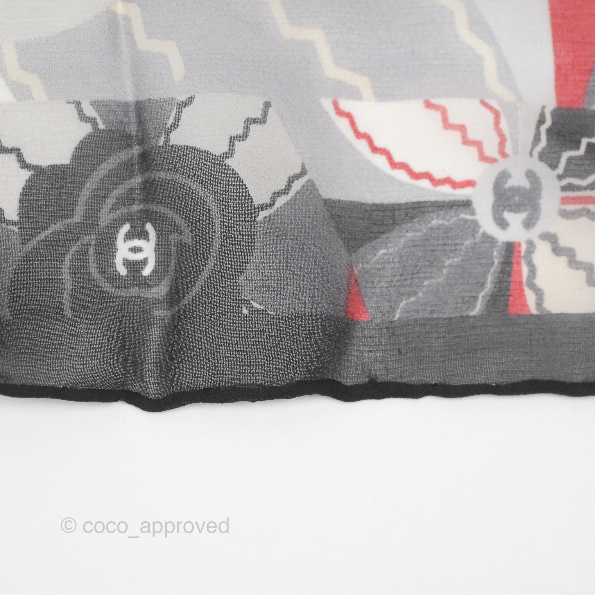 Chanel CC Silk Square Scarf 90 - Elegant Grey Red White Pattern - Luxury Fashion Accessory for Women - Perfect for Gifts, Parties, and Everyday Style